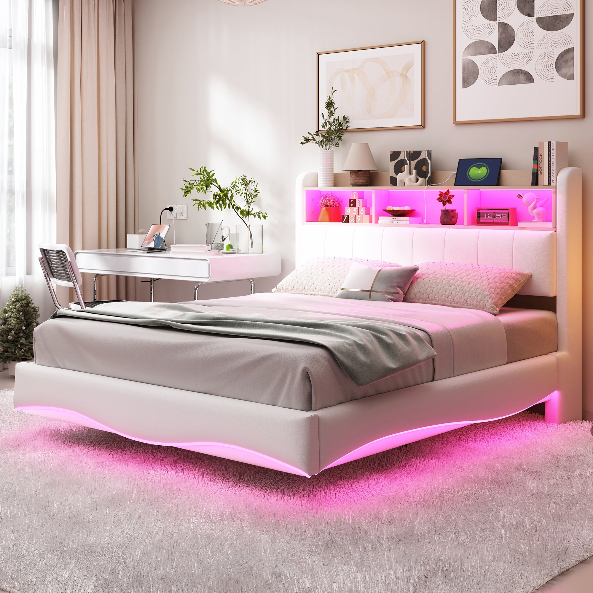 Logidon gestoffeerd bed 140x200 beige met LED-licht USB type C opbergruimte