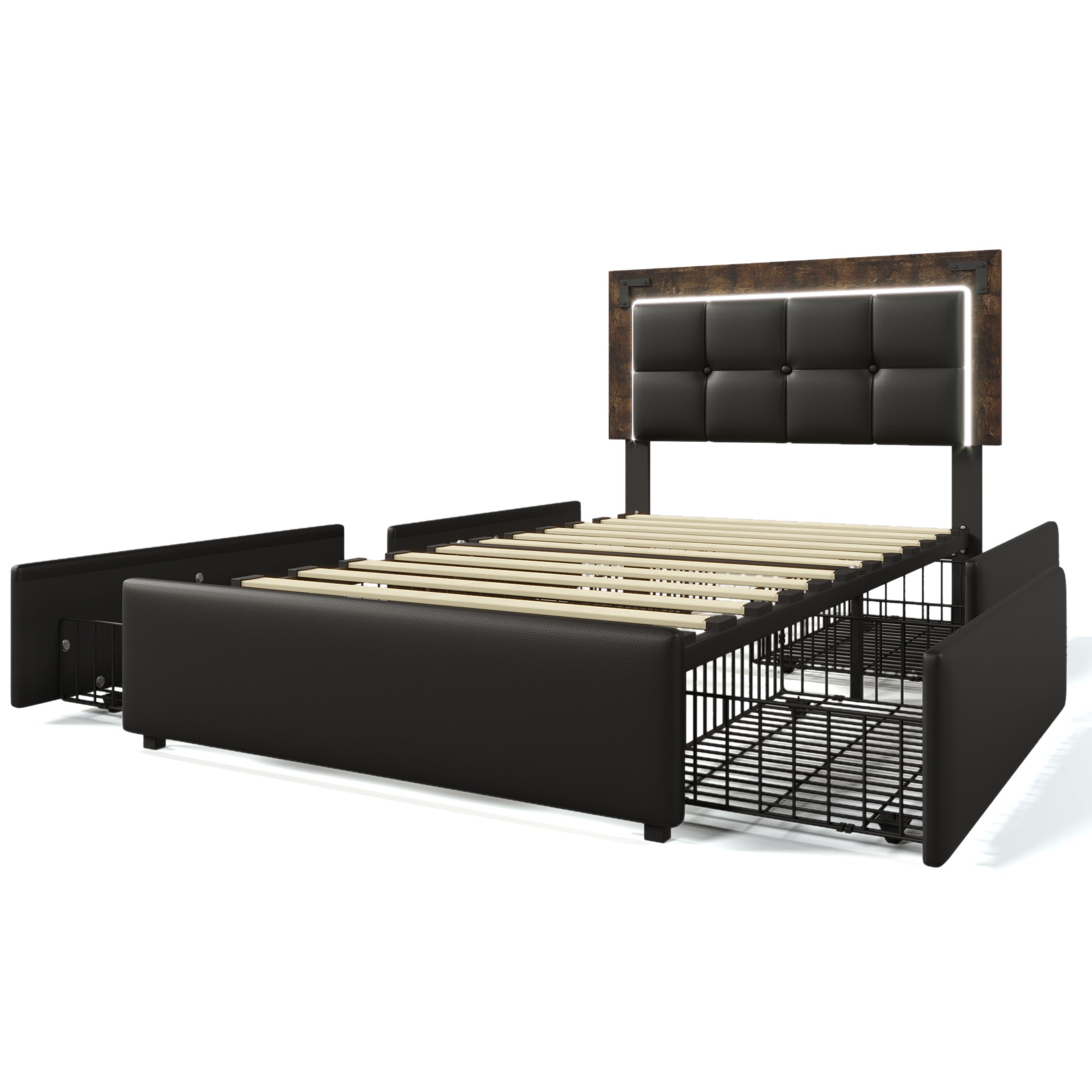 Logidon bedframe 90x200cm met LED-strip en vier lades zwart