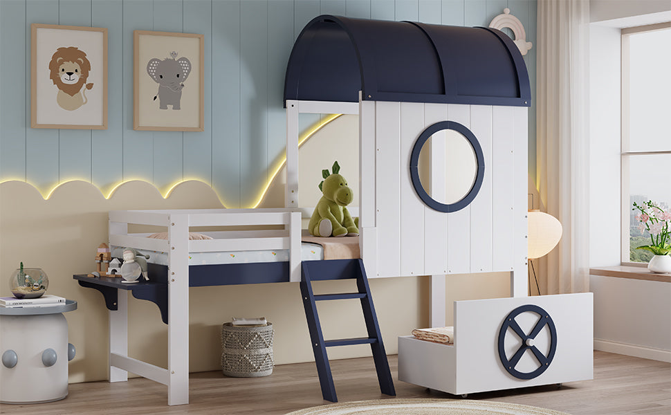 Logidon stapelbed halfhoogslaper 90x200 wit donkerblauw dakraam