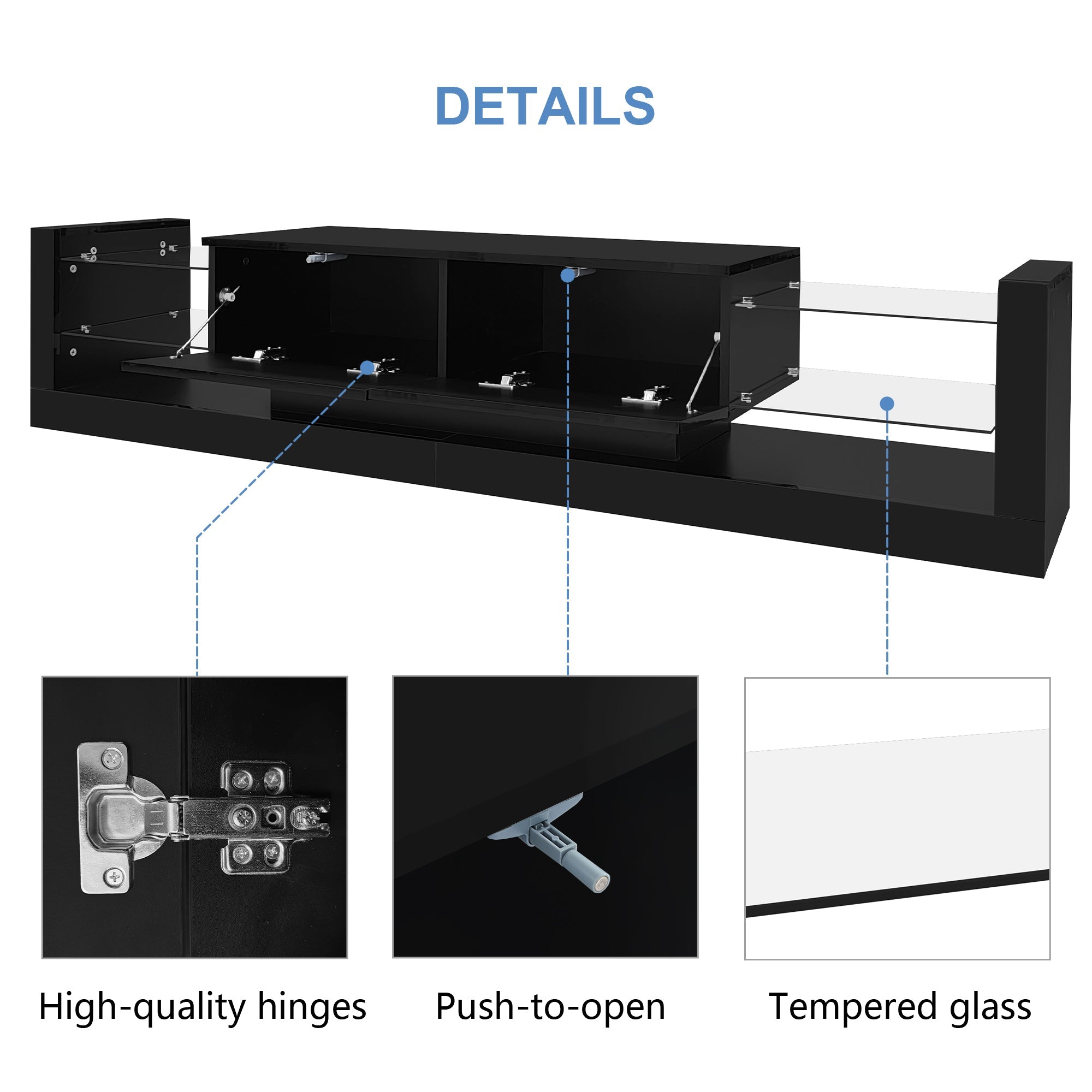 Logidon high-gloss TV cabinet 181 cm LED lighting black glass front