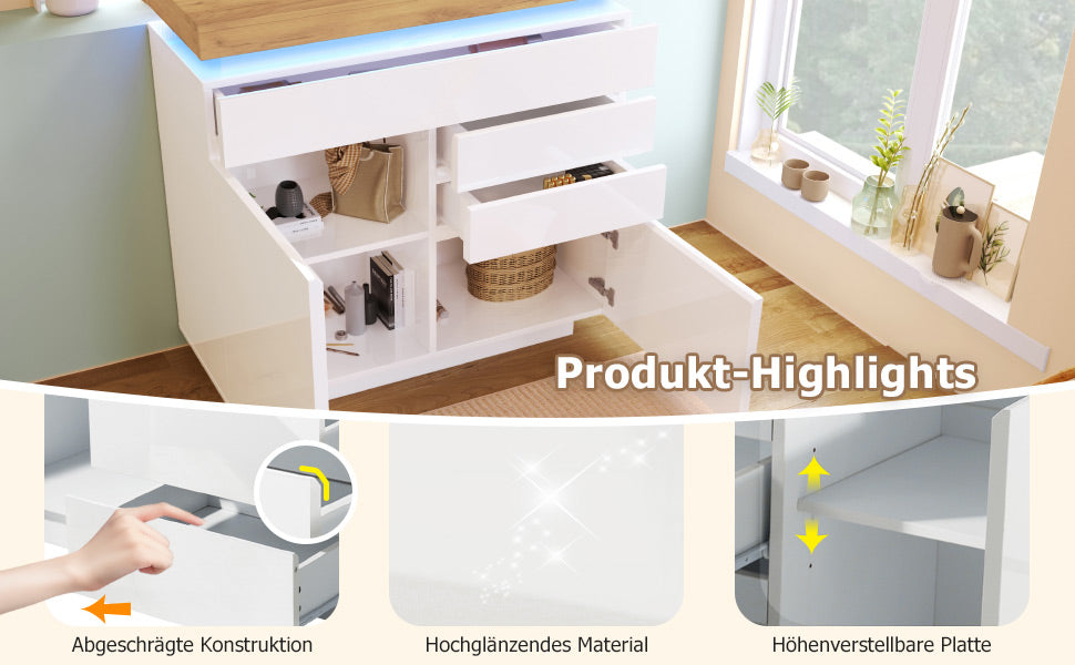 Logidon high gloss chest of drawers white LED lighting app control 2 doors
