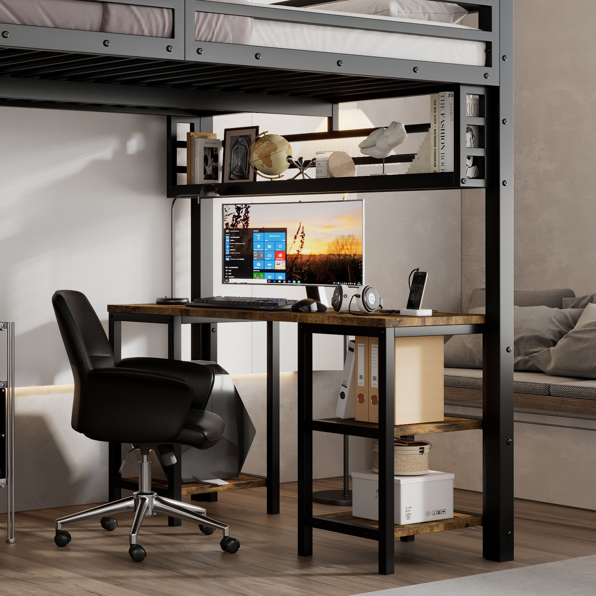 Logidon hoogslaper 120x200 cm metaal zwart met bureau en plank
