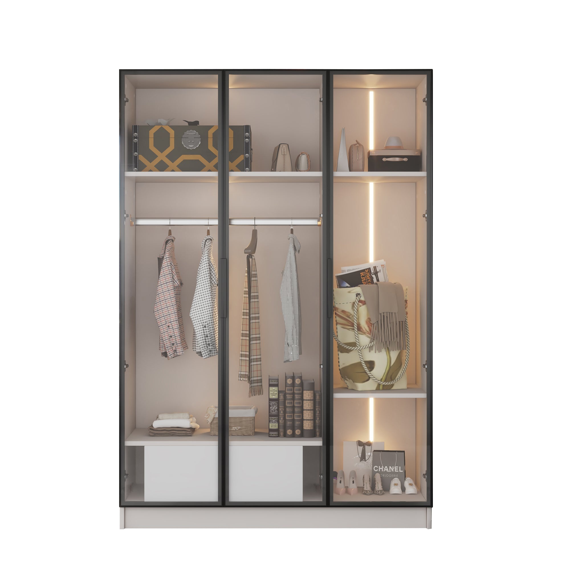 Logidon Witte kledingkast 110x50x160 cm met 3 glazen deuren LED