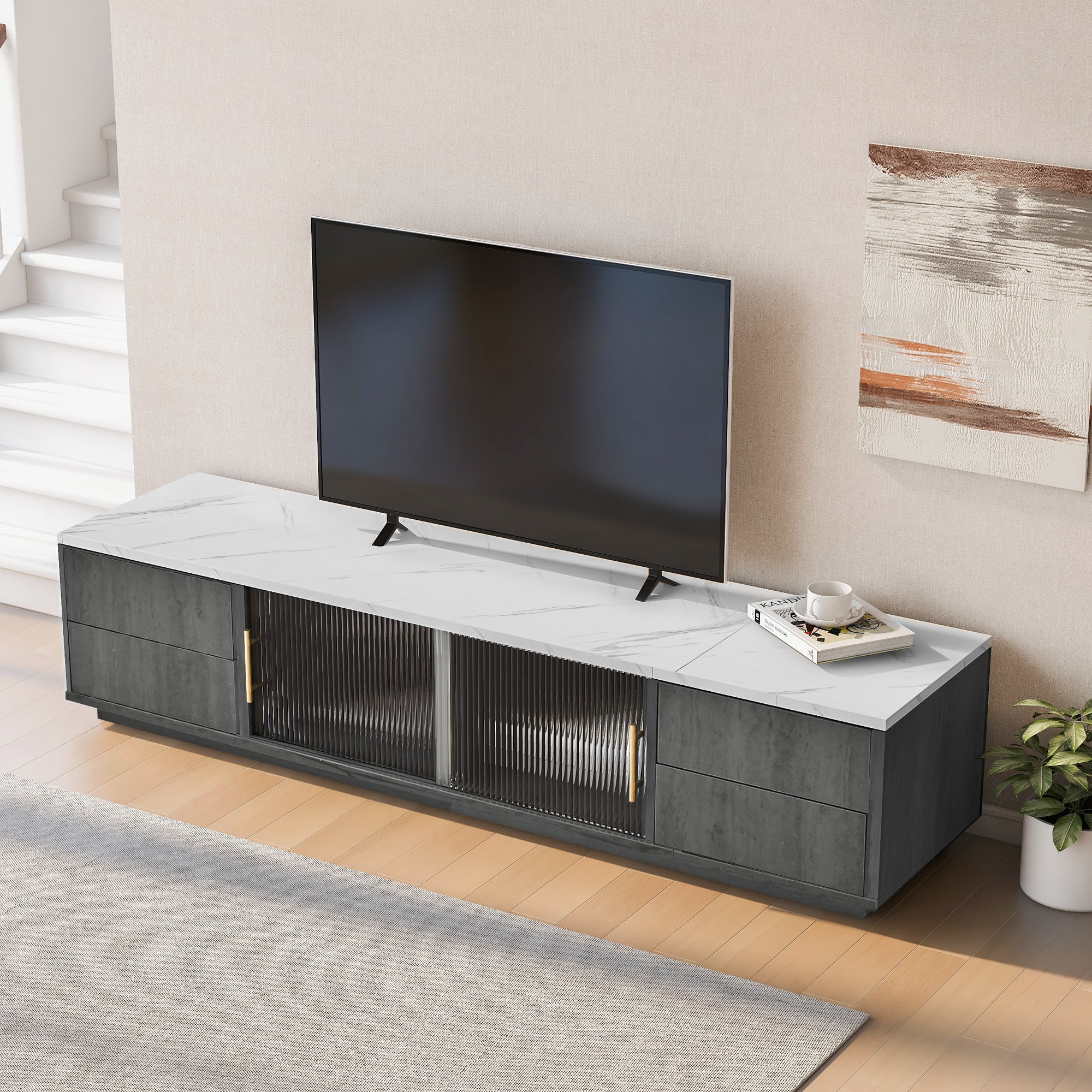 Logidon Deluxe TV-meubel 160 cm grijze marmerlook laden met openklapbare lades