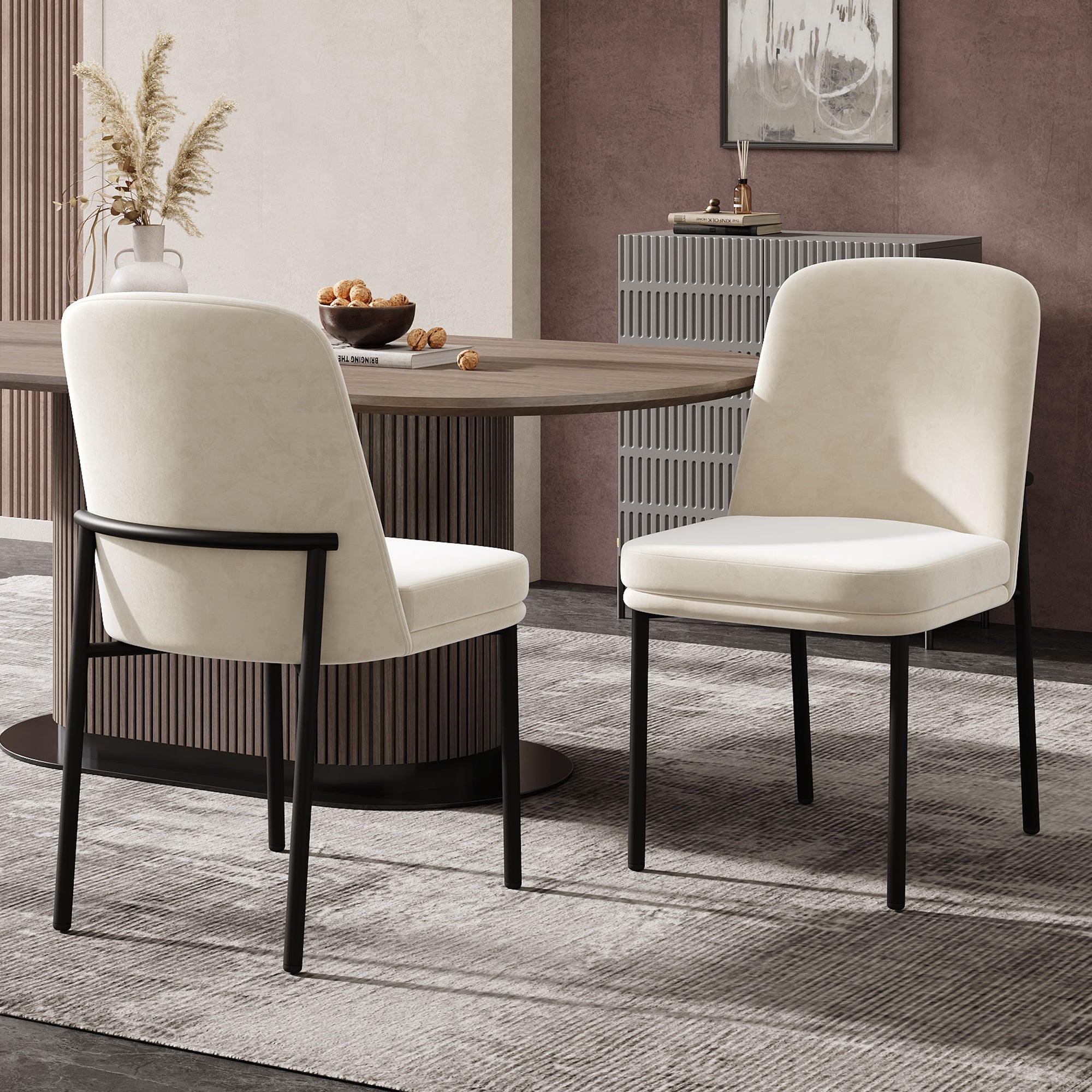 Logidon eetkamerstoelen set van 2 beige fluwelen dikke zitkussens metalen poten