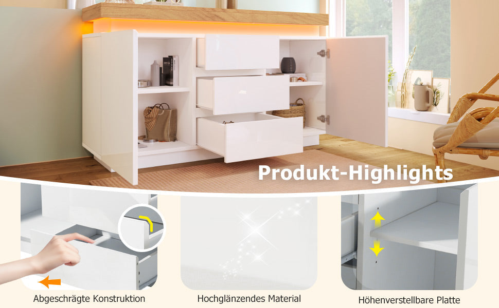Logidon Wit Dressoir Met LED Verlichting 2 Deurs 3 Lades