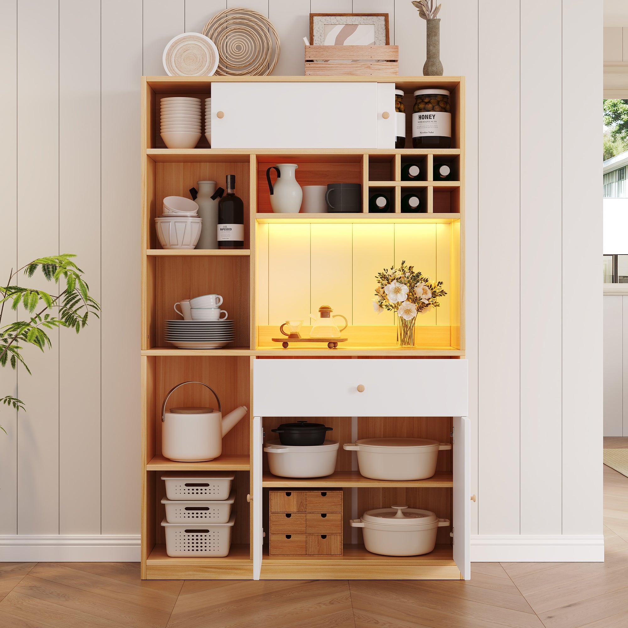 Logidon keukenkast buffet met LED-verlichting, 115x35x180 cm, naturel
