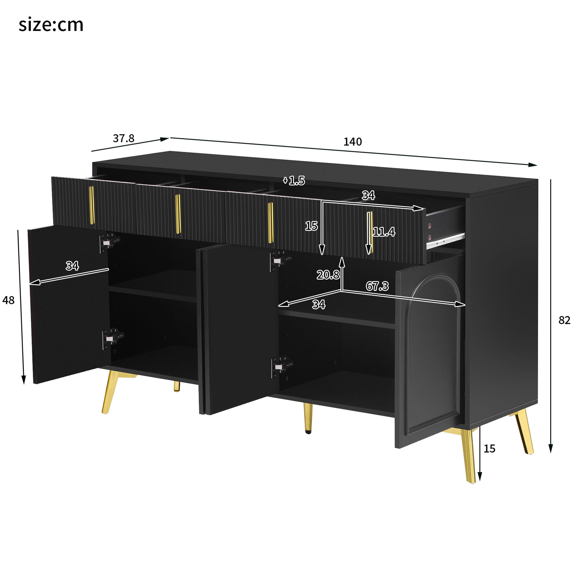 Logidon Dressoir Zwart met Gouden Handgrepen en Poten 140x37,8x82