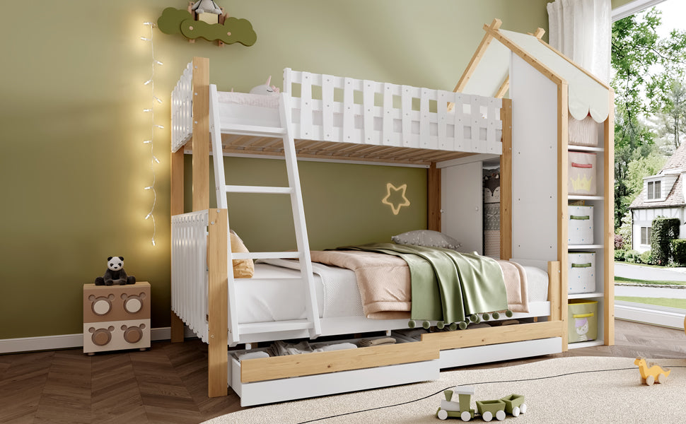 Logidon stapelbed 90x200 en 140x200 wit naturel met 2 lades