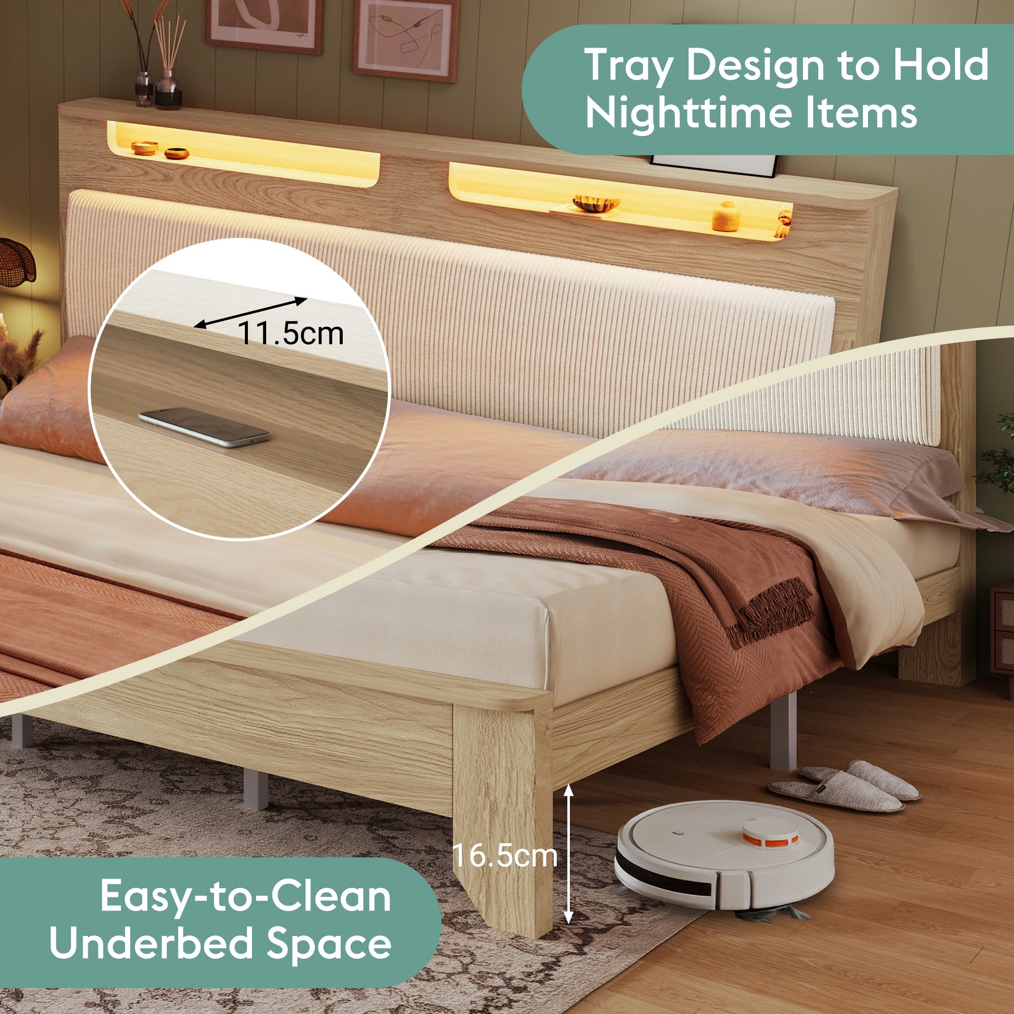 Logidon double bed 140x200 cm beige LED lighting headboard storage space