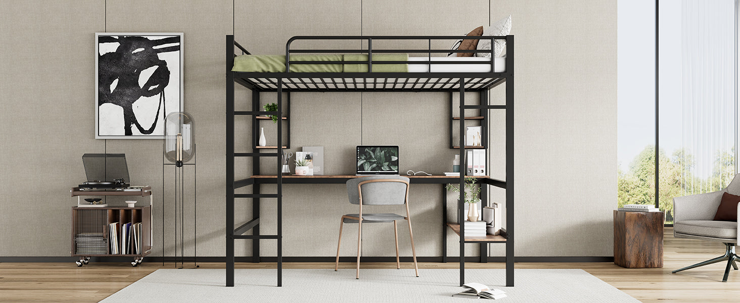 Logidon loft bed 140x200 black with desk and shelves