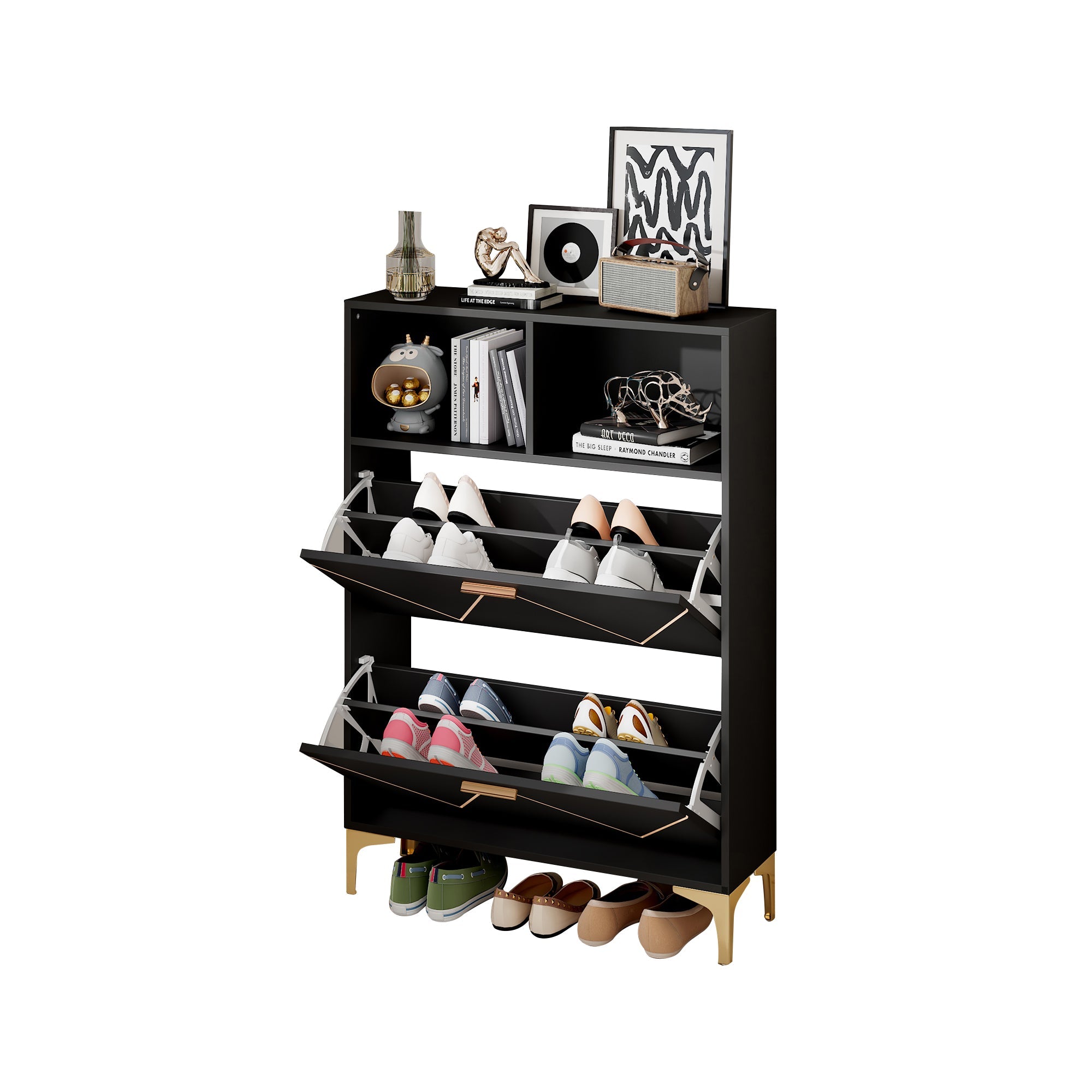 Logidon shoe cabinet 80x25x117 cm black with folding doors and four shoe shelves