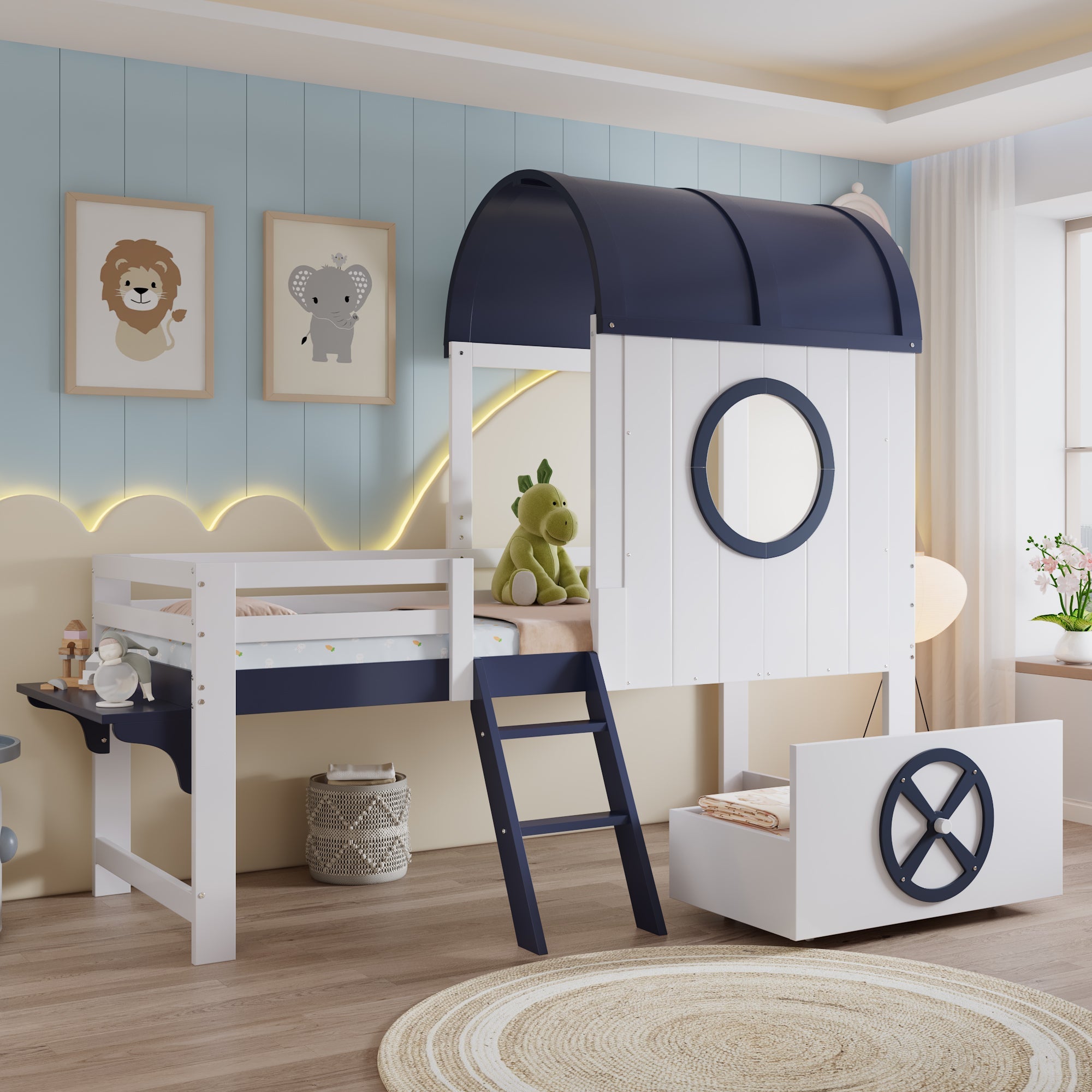 Logidon stapelbed halfhoogslaper 90x200 wit donkerblauw dakraam
