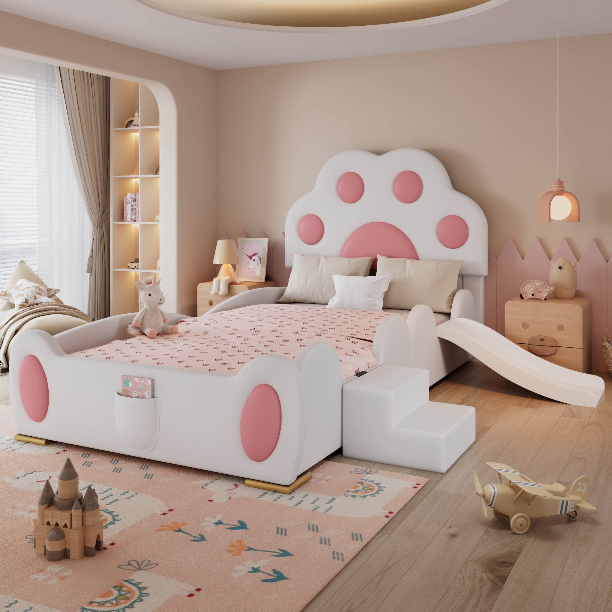 Logidon gestoffeerd bed 90x200 cm wit roze met kattenpoot hoofdeinde