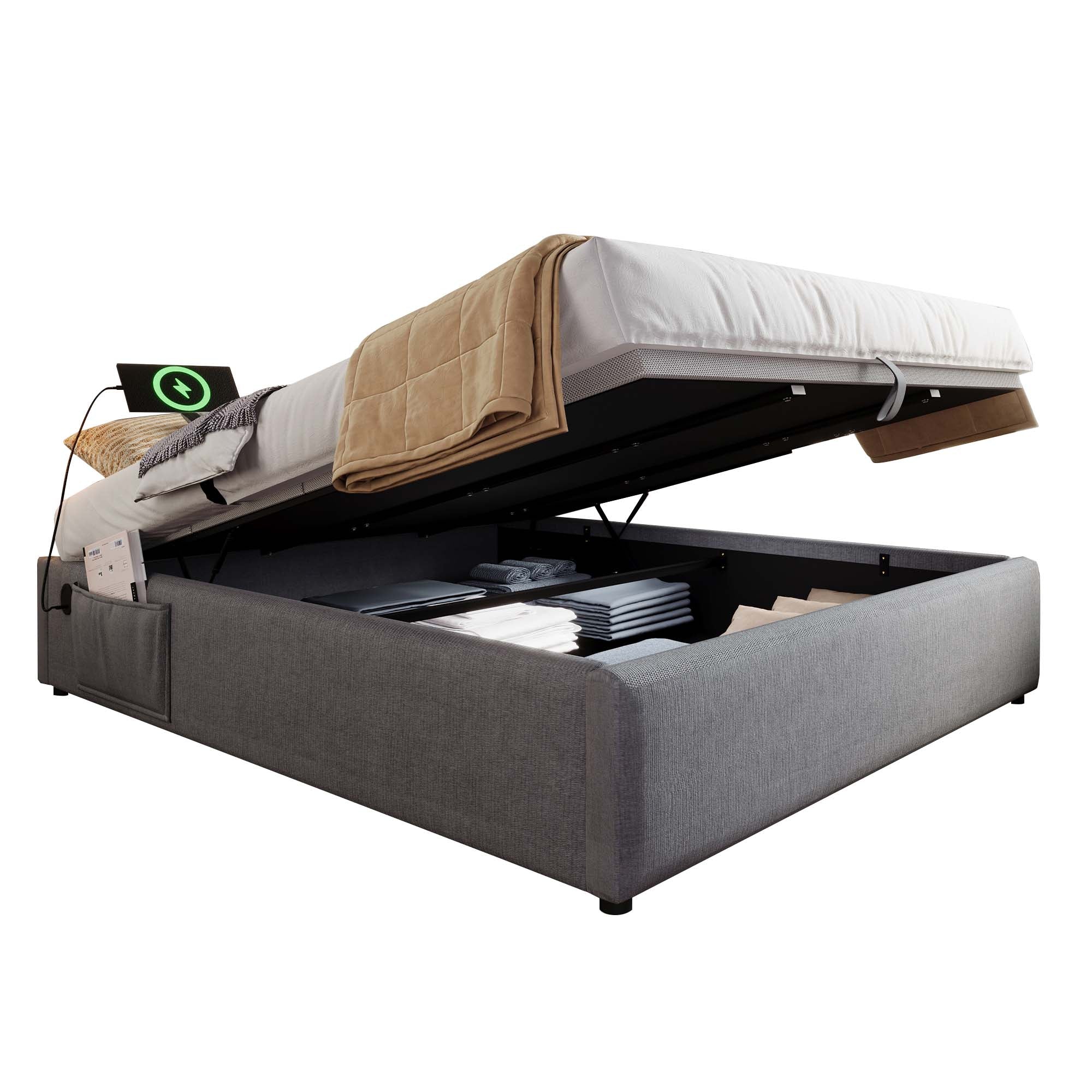Logidon upholstered bed 160x200 gray with USB C and full-surface slatted frame