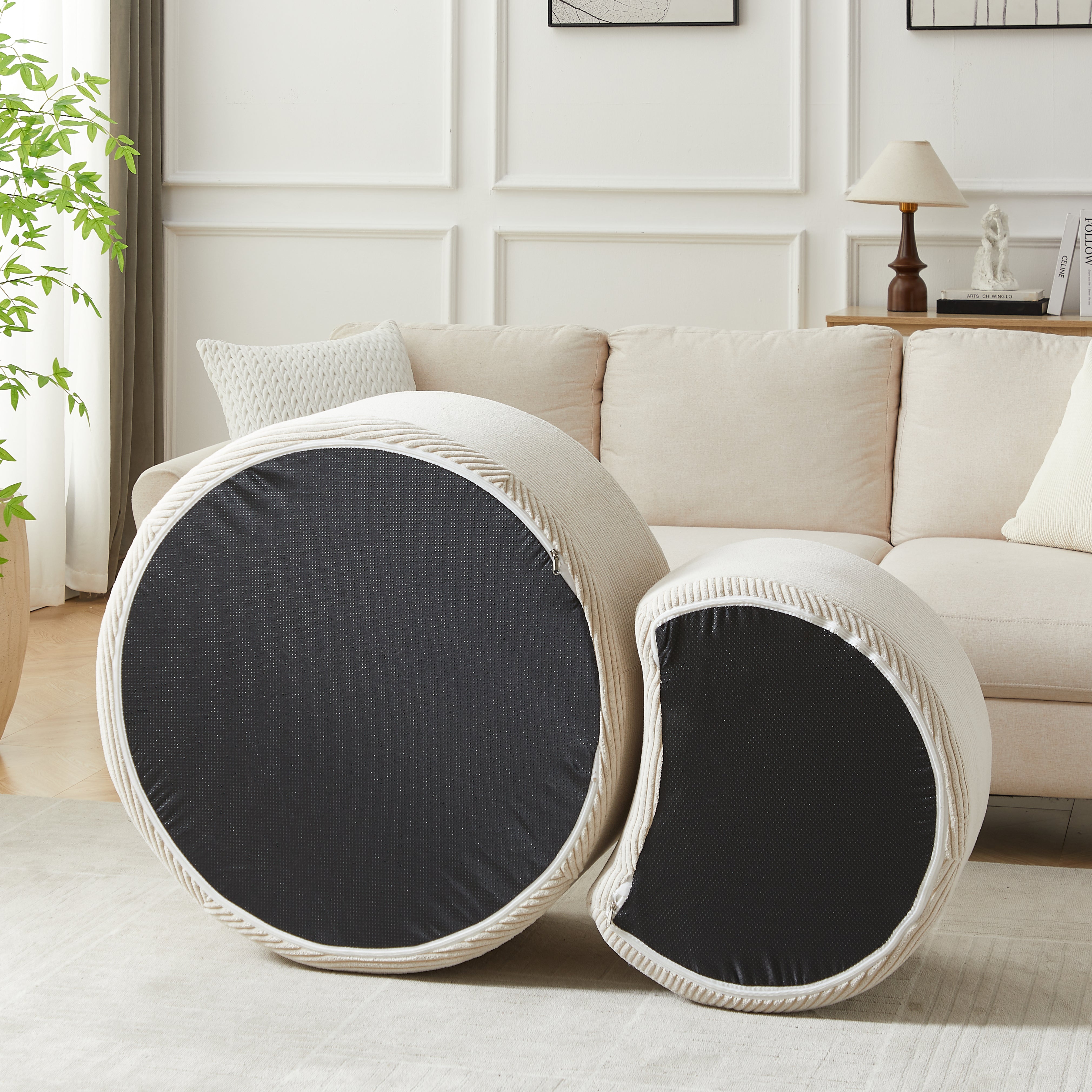 Logidon salontafelset van 2 rond gewatteerde beige stof