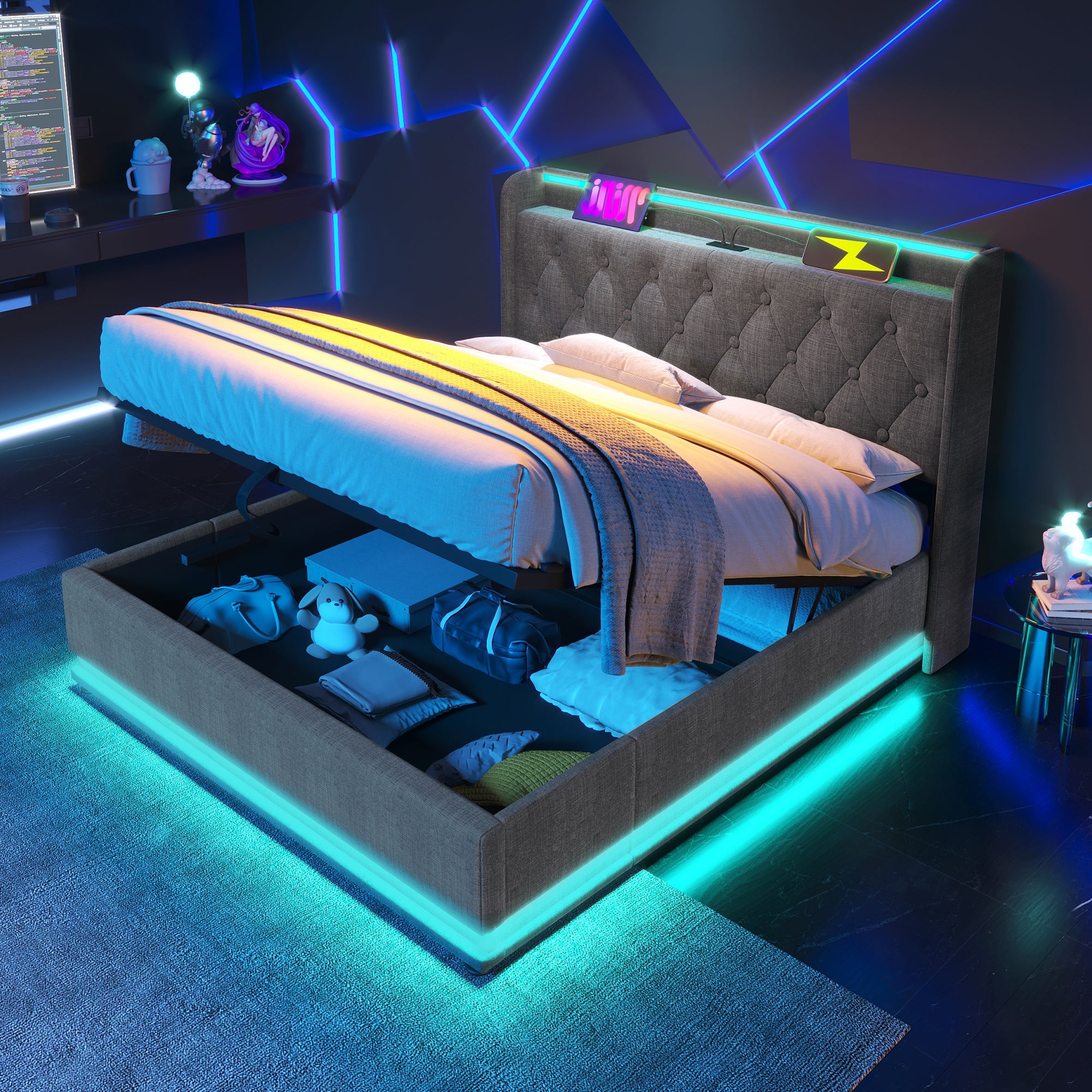 Logidon gestoffeerd bed tweepersoonsbed 180x200 cm grijs linnen LED-verlichting USB C