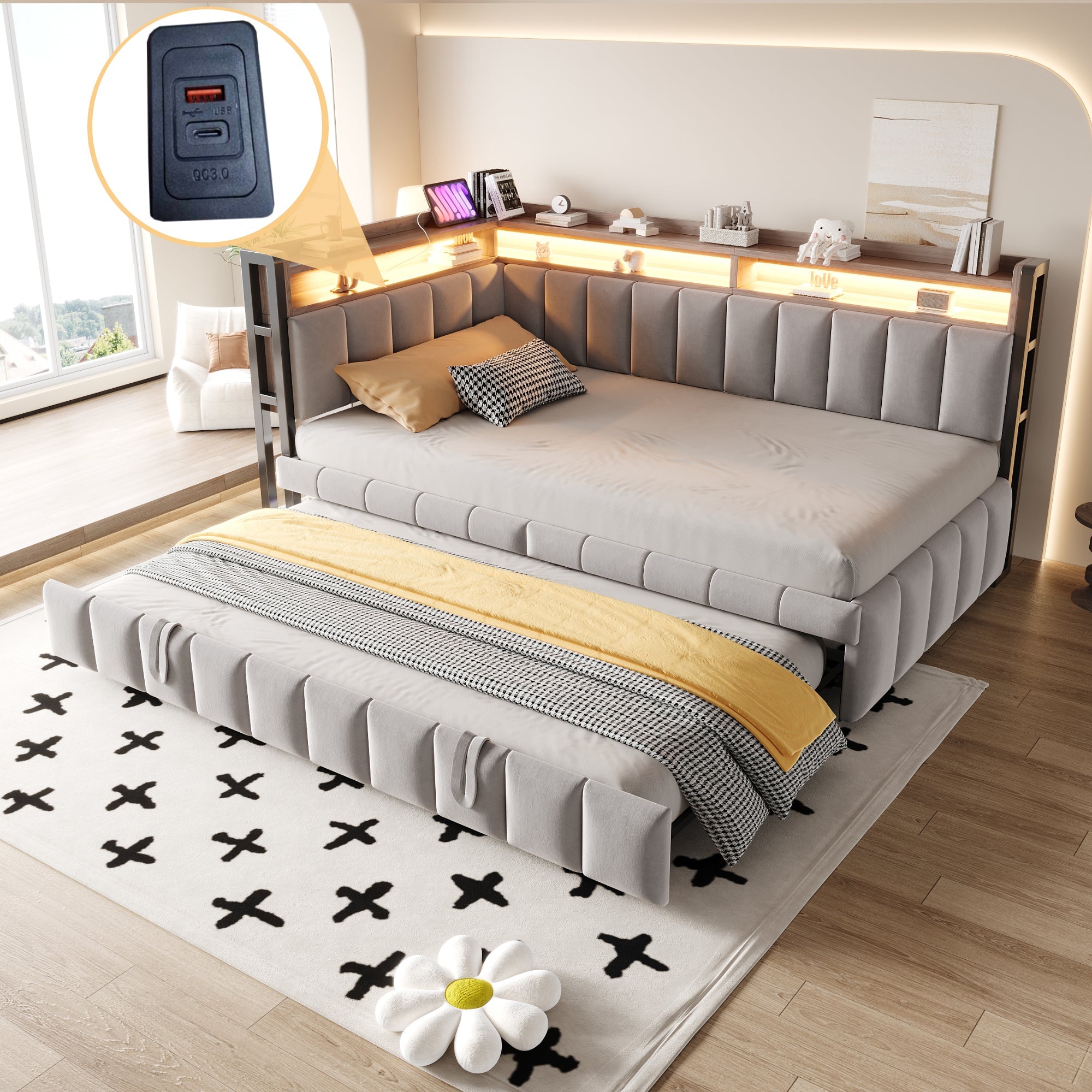 Logidon slaapbank gestoffeerd bed 90x200cm lichtgrijs uitschuifbaar LED USB