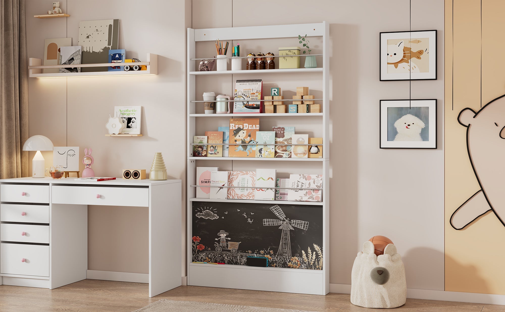 Logidon prentenboekenplank wit anti-tip zwart bord 100 x 10 x 180 cm