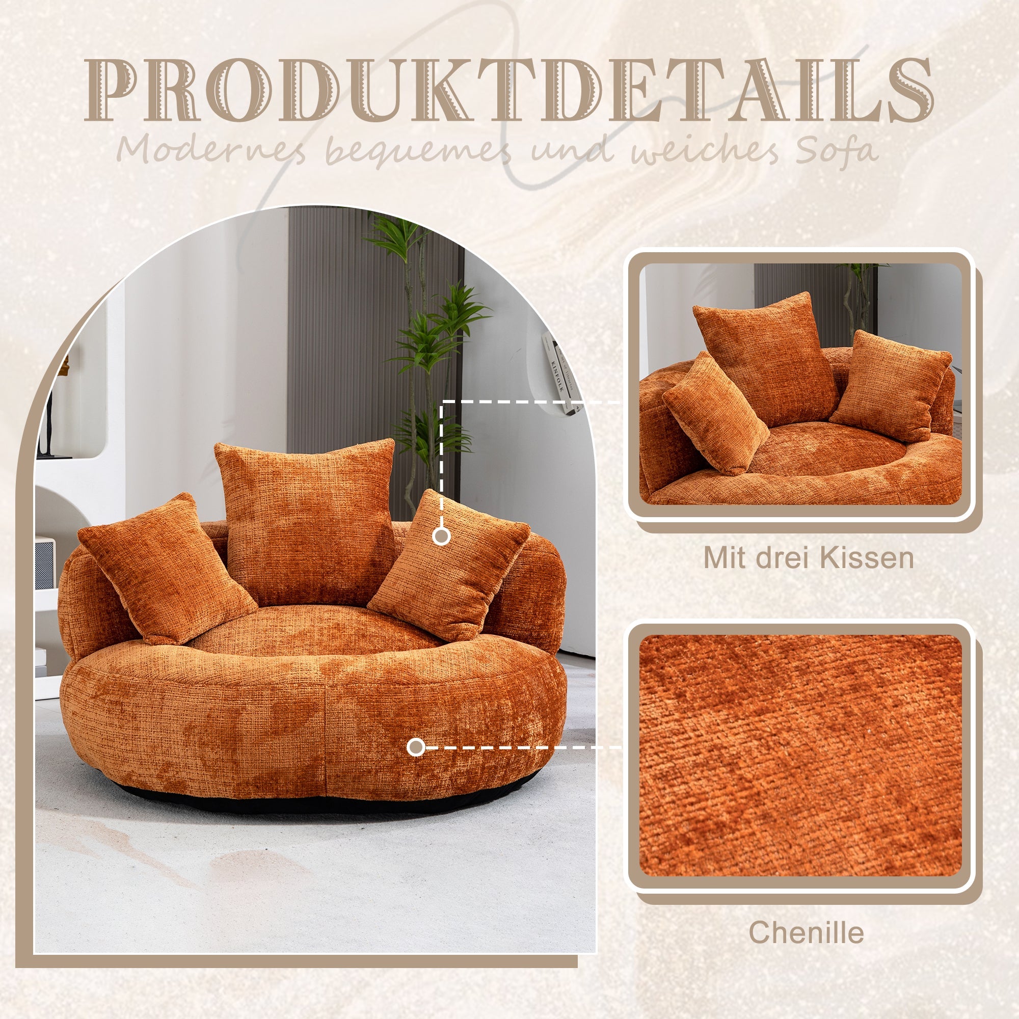 Logidon Lazy Sofa Oranje Chenille Comfort Ligstoel Met Hoge Rug