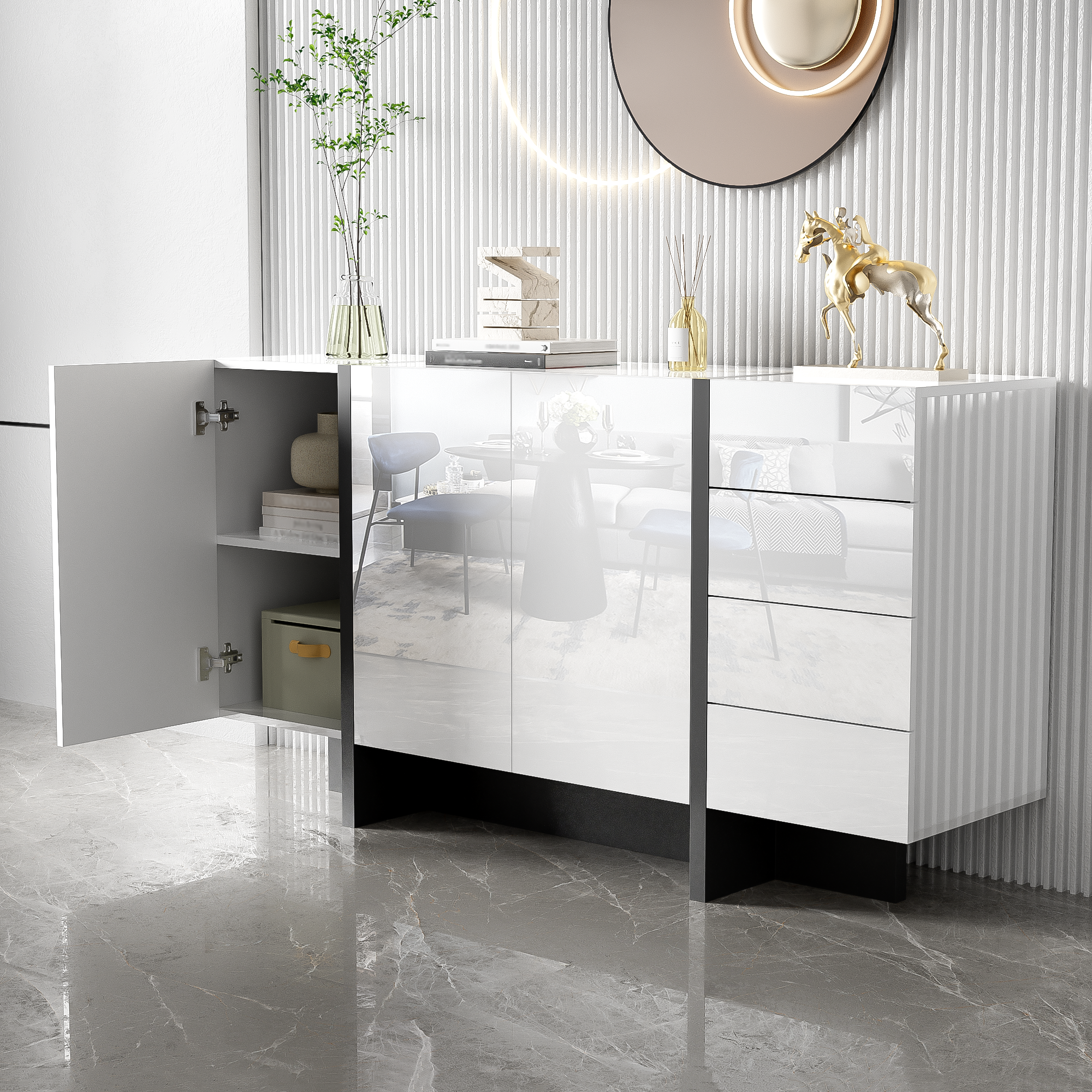 Logidon wit hoogglans dressoir 150x40x80,5 2 deuren 4 lades