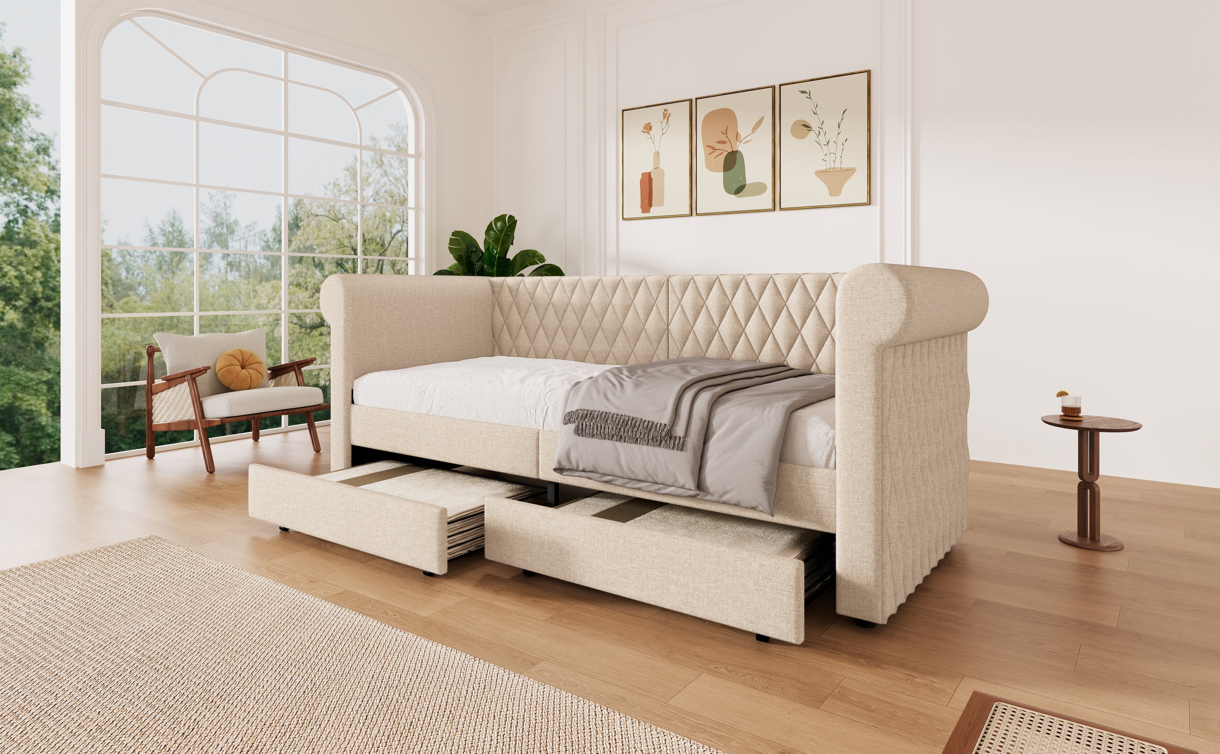 Logidon Vintage gestoffeerd bed 90x200 beige linnen slaapbank met opbergruimte