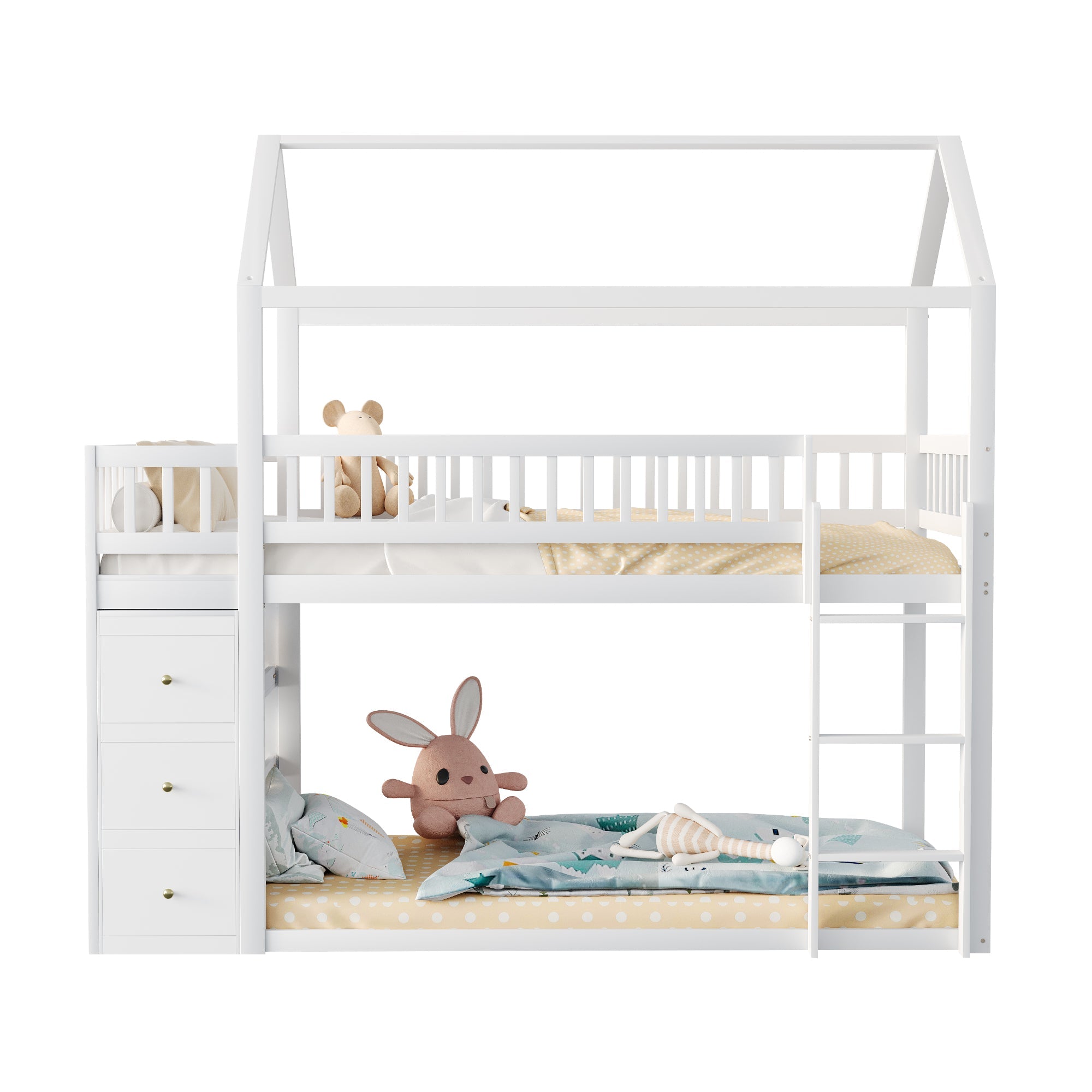 Logidon Bunk Bed 90x200 House Shape White With Security Fence Storage