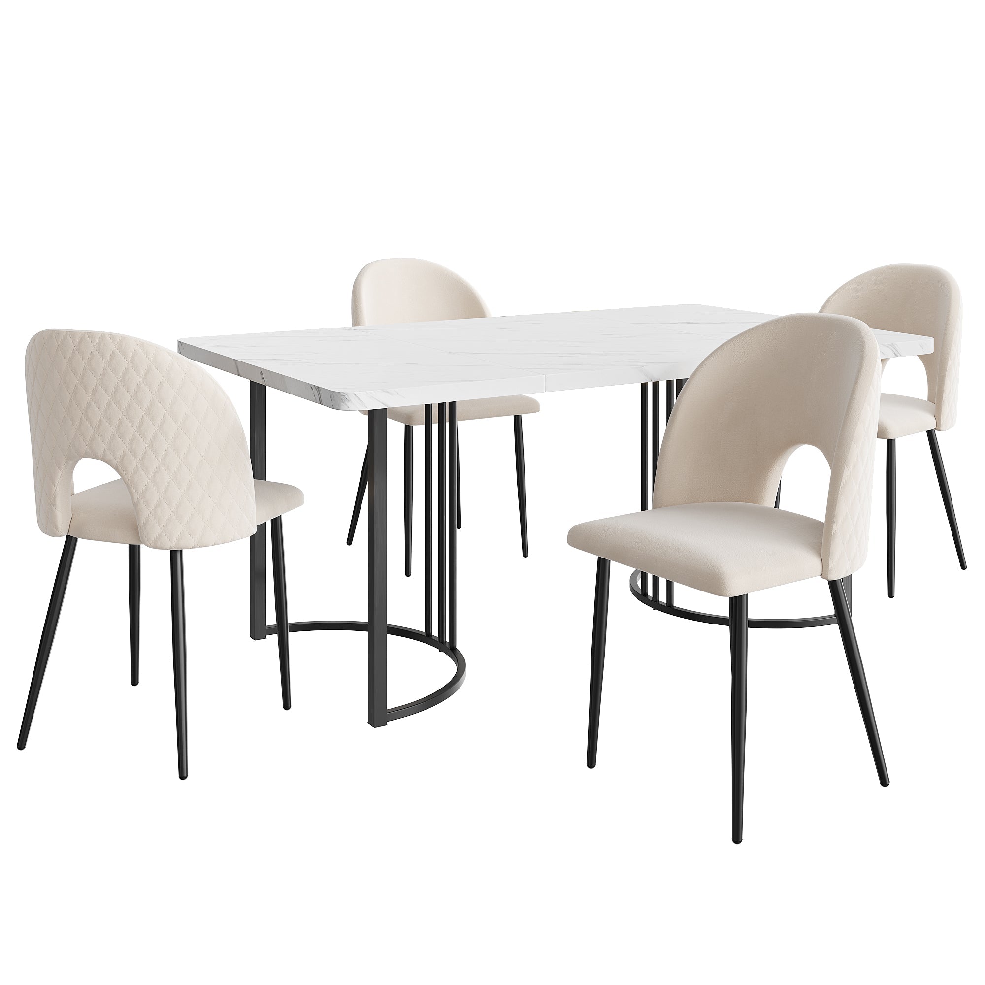 Logidon eetgroep 140x80 eettafelset beige fluwelen stoelen ruitpatroon