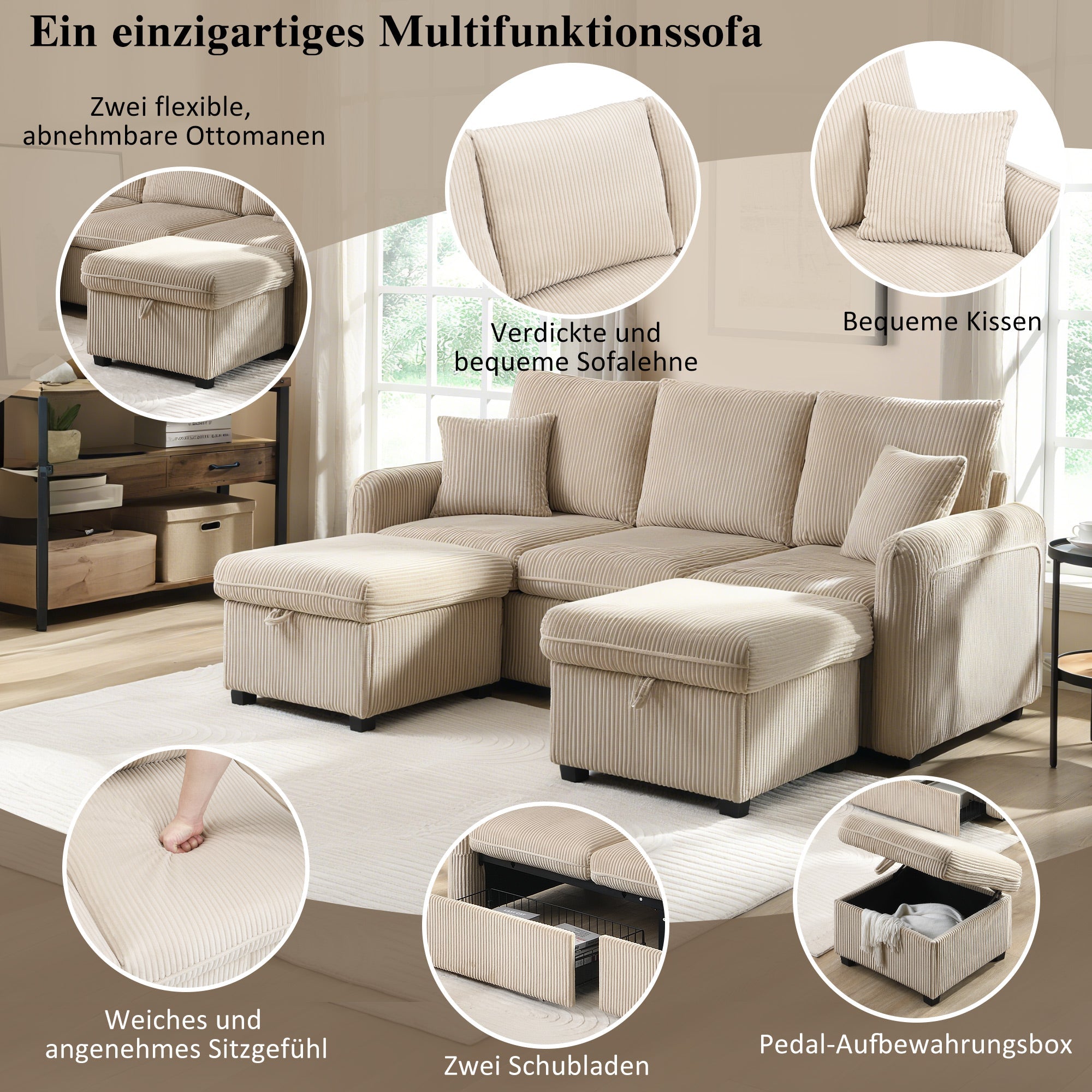 Logidon hoekbank U-vorm beige corduroy stof met opbergvak en slaapfunctie