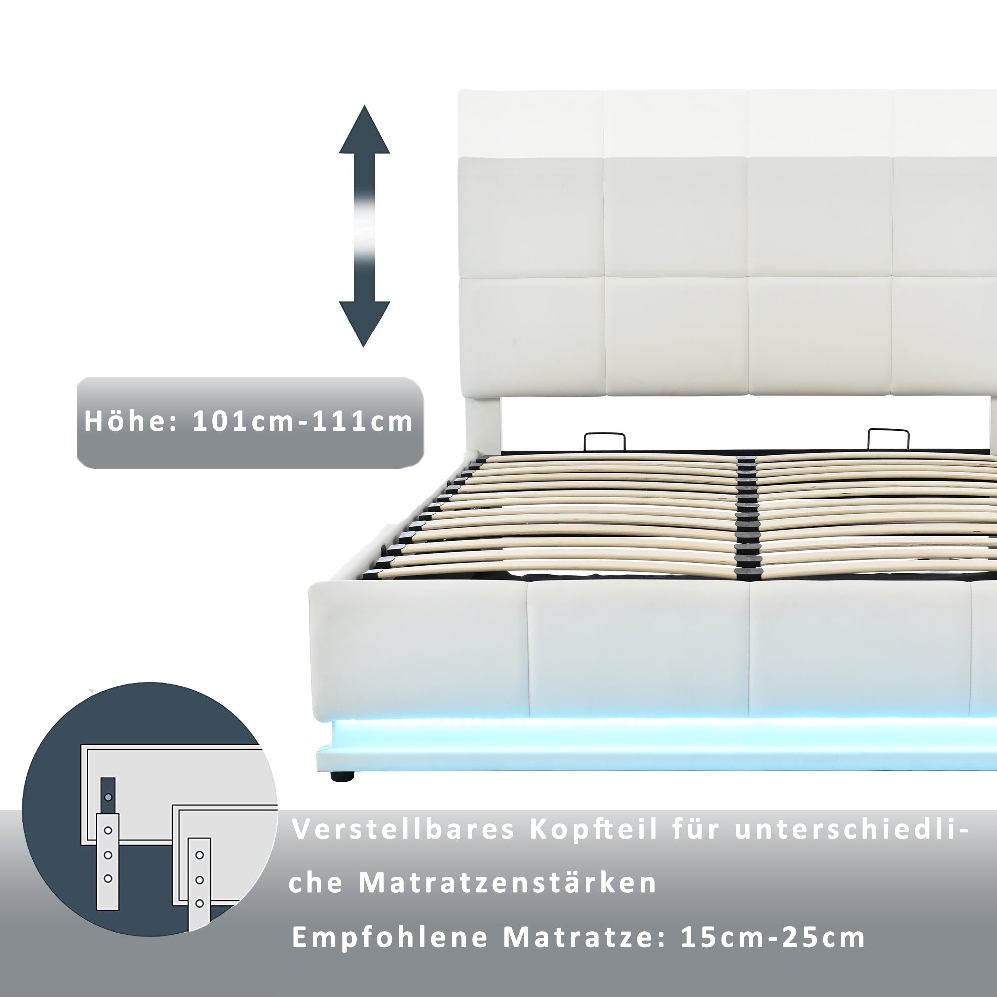 Logidon gestoffeerd bed 140x200 cm wit met LED-verlichting en bedstee