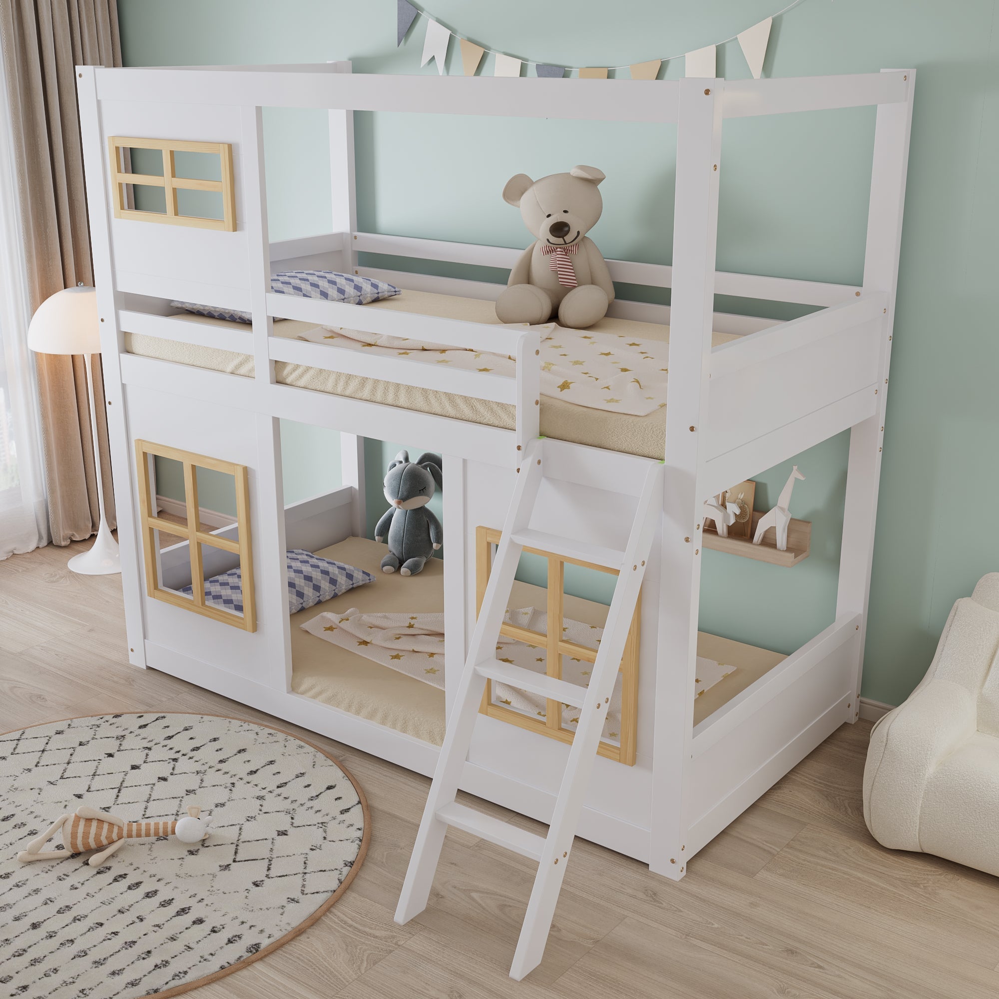 Logidon stapelbed 90x200 wit naturel met vierzijdig hekwerk