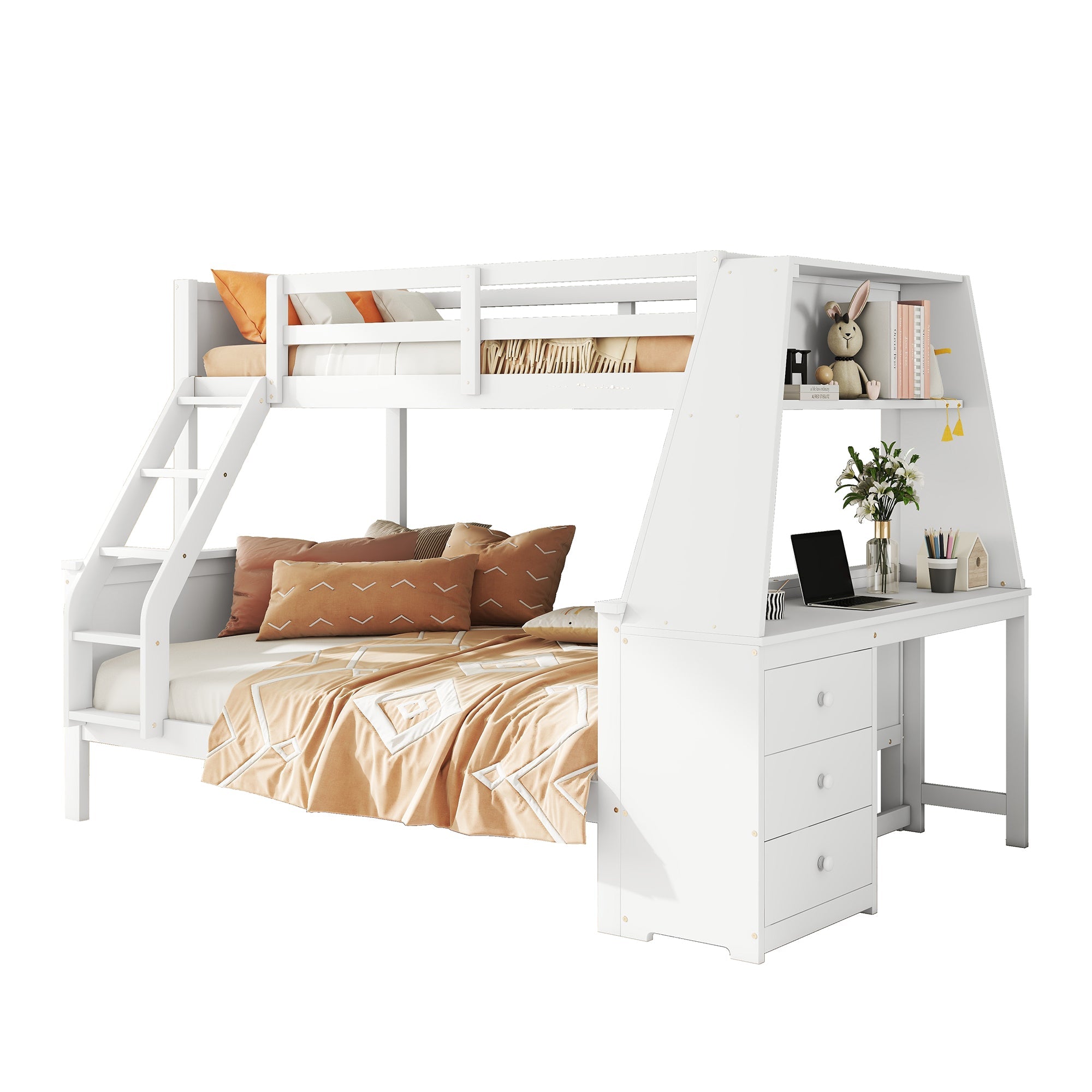 Logidon Bunk Bed 90x200 and 140x200 with Table and Storage Space White