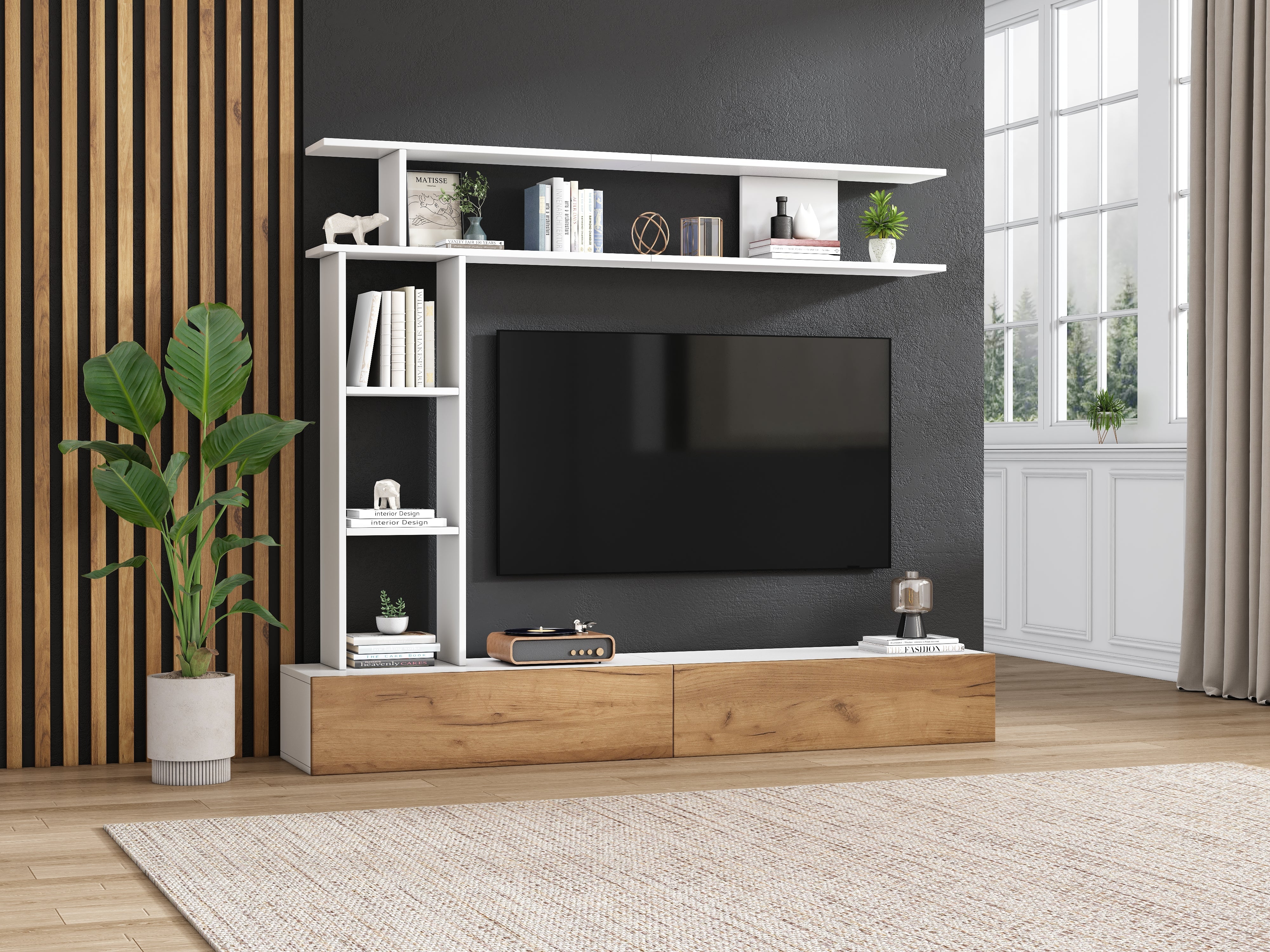 Logidon TV wandmeubel 180 cm wit houtlook met vitrinekasten
