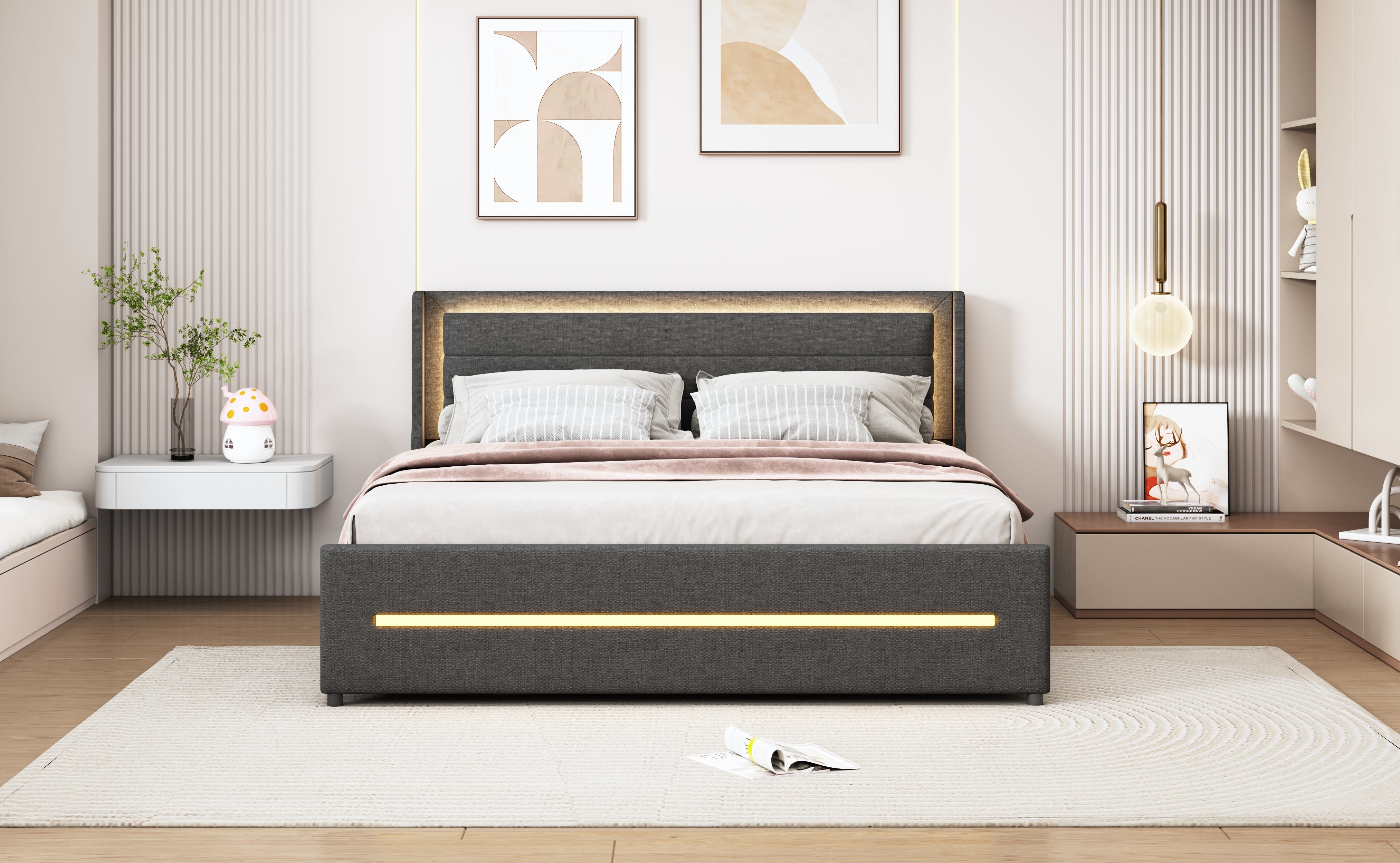 Logidon gestoffeerd bed 160x200 grijze kleur veranderende LED vier opbergvakken