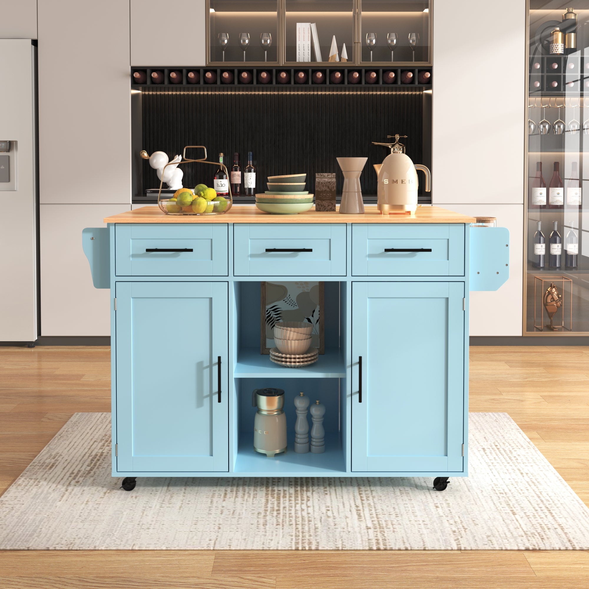 Logidon Eetwagen Blauw Massief Houten Werkblad Opvouwbaar 139x46x91,5 cm