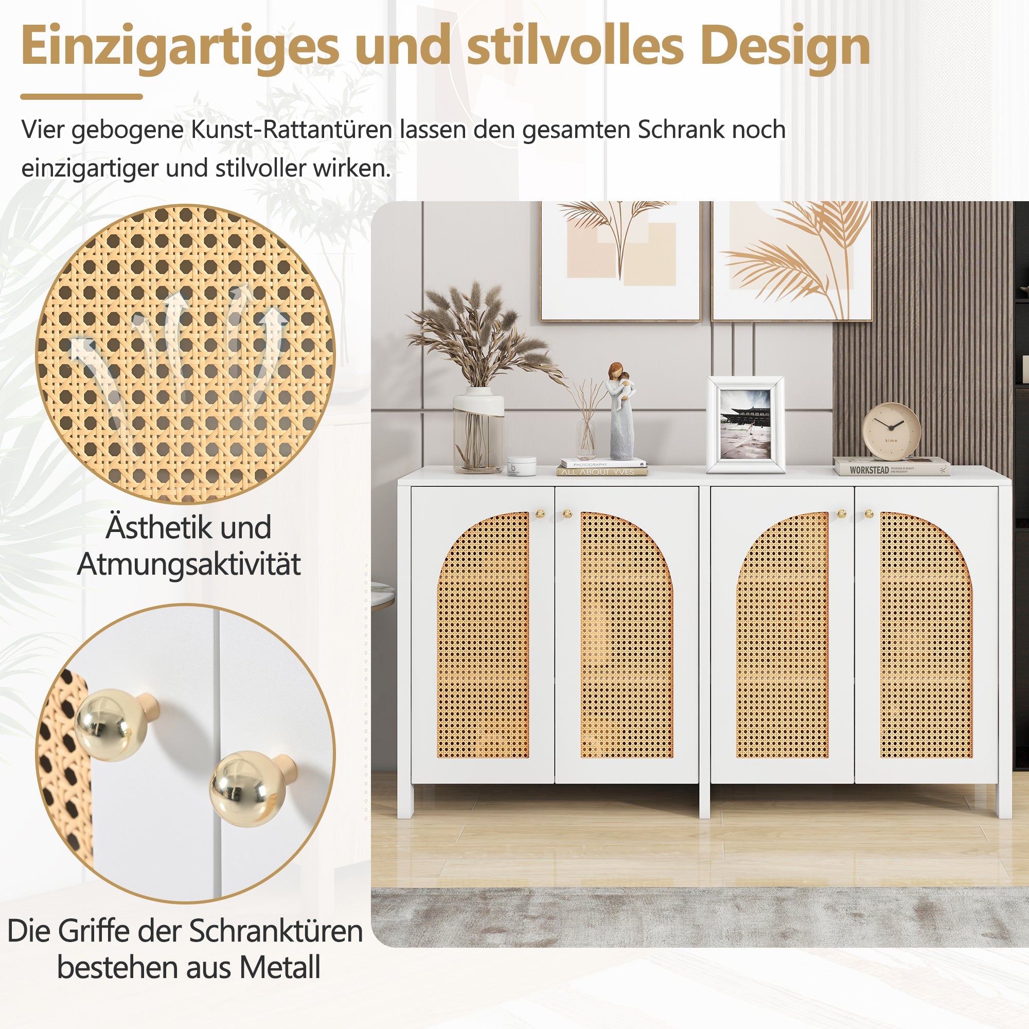 Logidon Modern dressoir 4 rotan deuren wit 145x40x80 cm