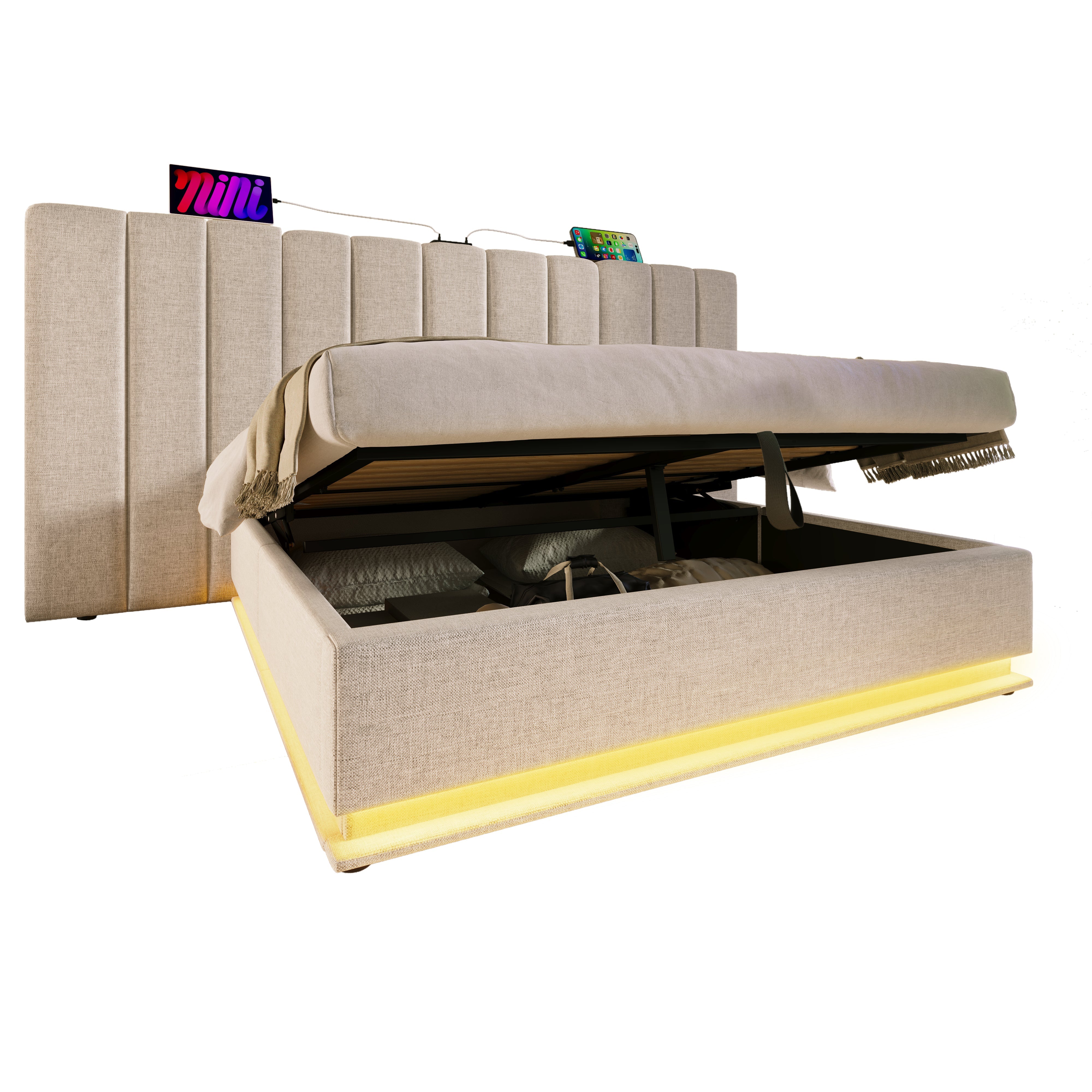 Logidon gestoffeerd bed 180x200 opbergruimte met LED USB oplaadfunctie beige
