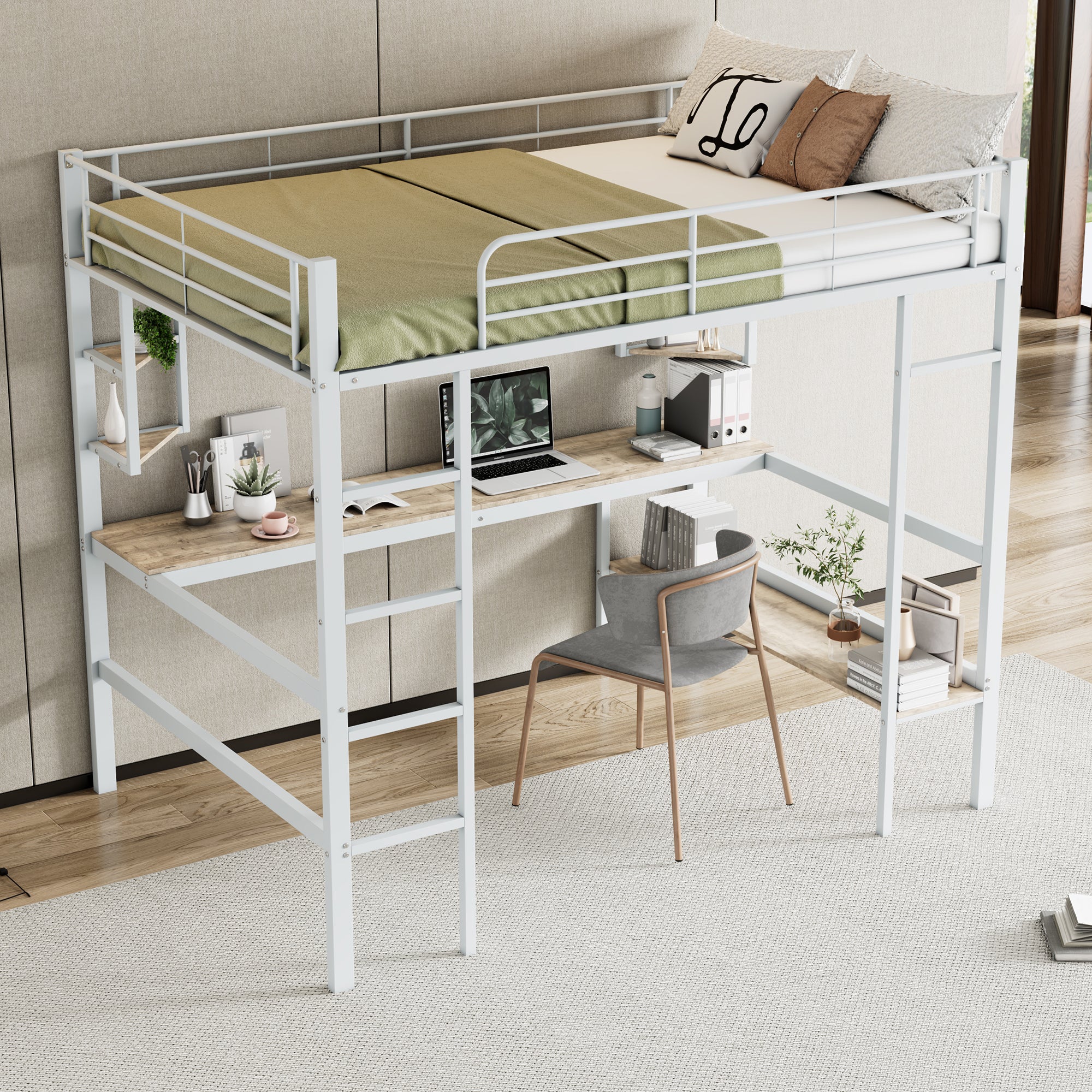 Logidon hoogslaper 140x200 cm metalen bed met bureau wit
