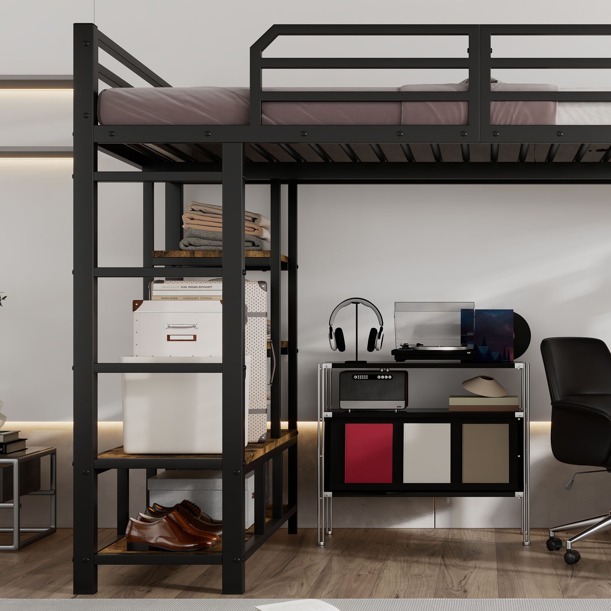 Logidon hoogslaper 120x200 cm metaal zwart met bureau en plank