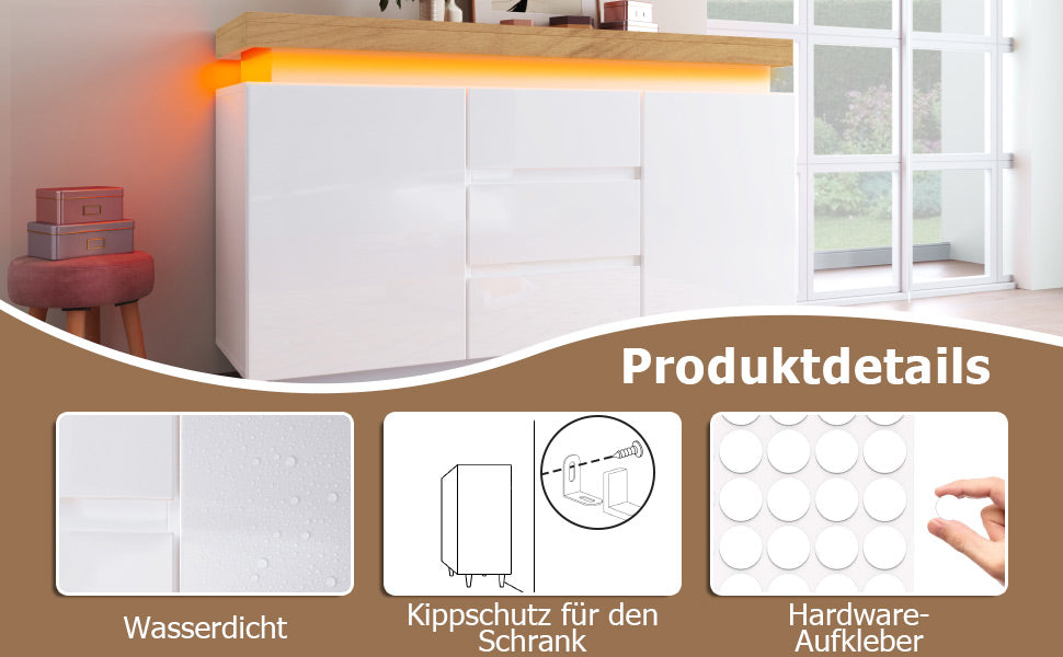 Logidon Wit Dressoir Met LED Verlichting 2 Deurs 3 Lades
