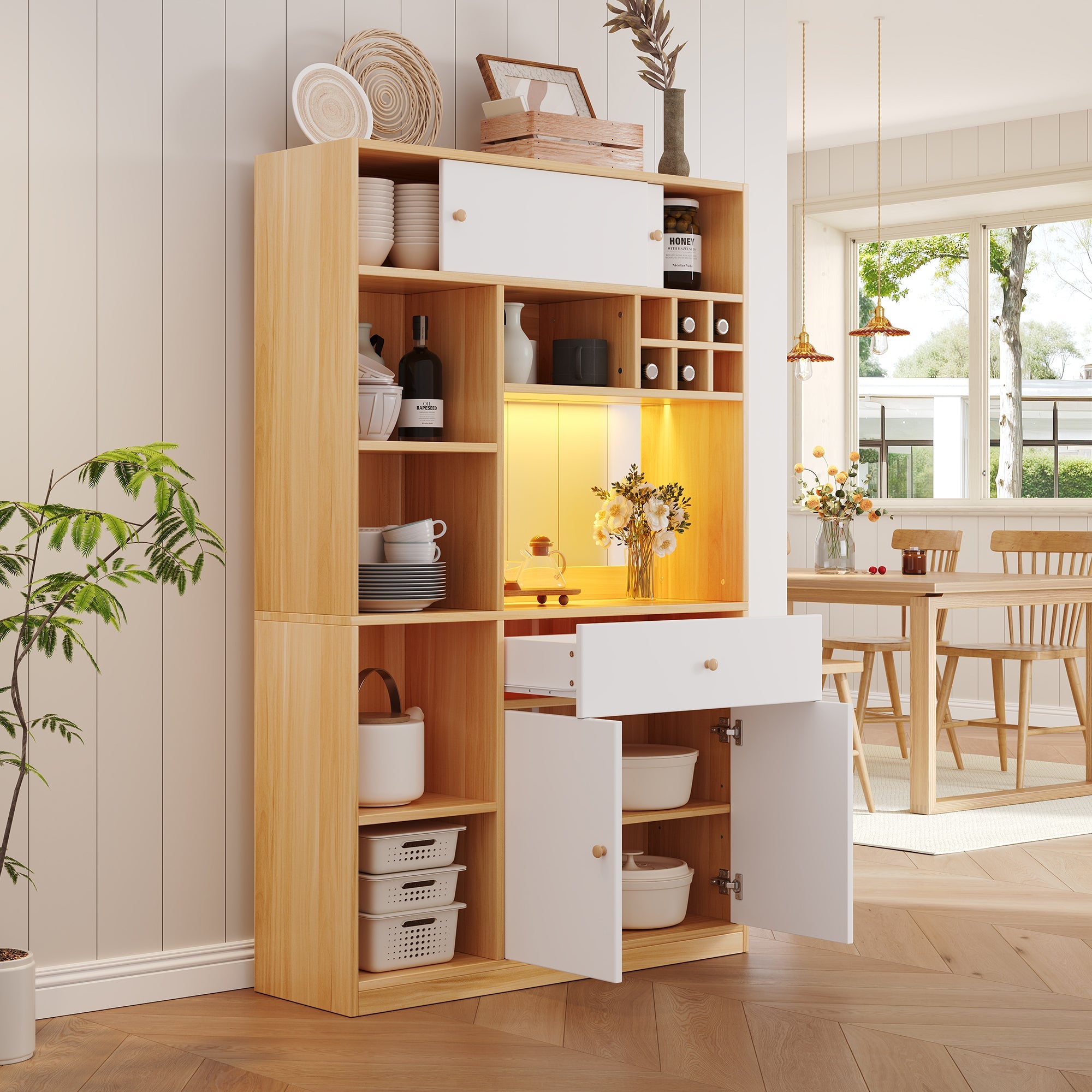 Logidon keukenkast buffet met LED-verlichting, 115x35x180 cm, naturel