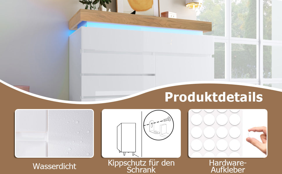 Logidon high gloss chest of drawers white LED lighting app control 2 doors