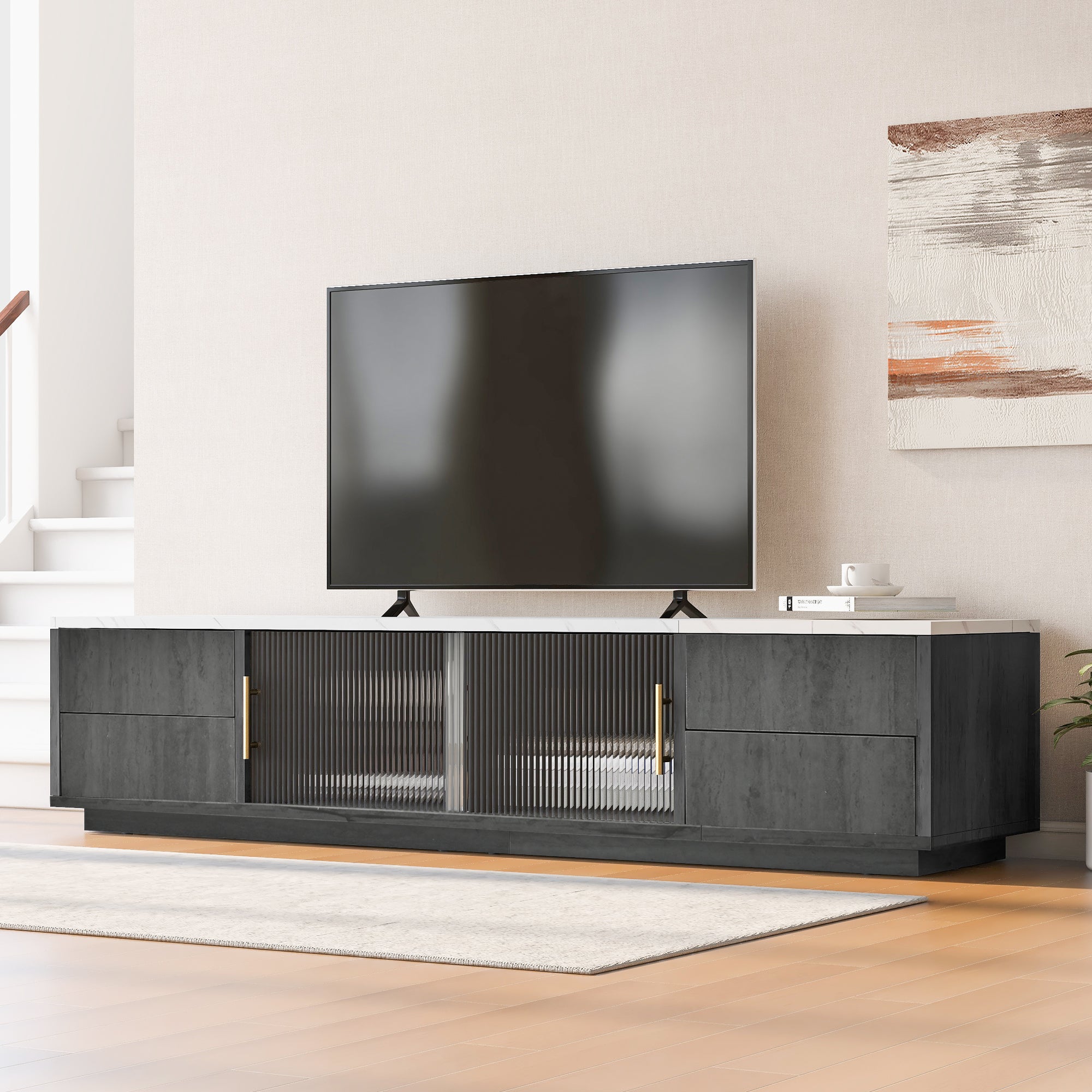 Logidon Deluxe TV-meubel 160 cm grijze marmerlook laden met openklapbare lades