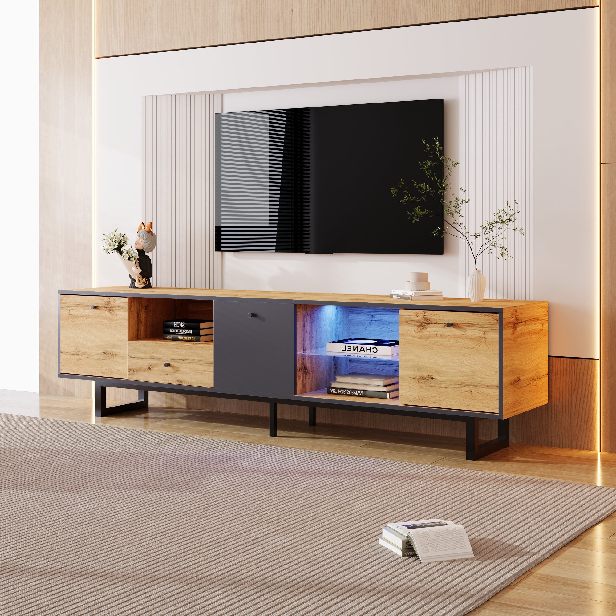 Logidon lowboard tv-meubel met LED-lichteffect natuurlijke houtlook