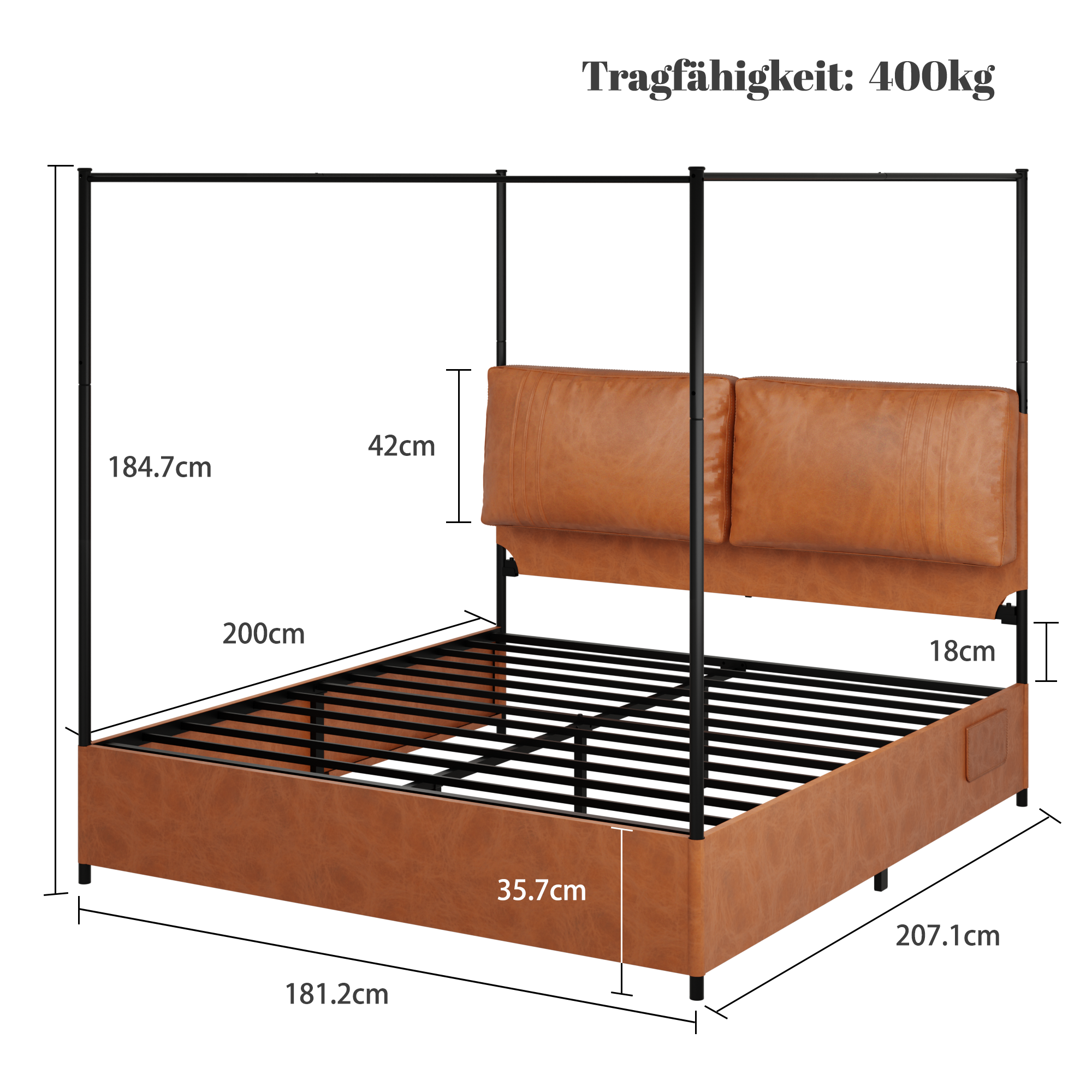Logidon Luxe Hemelbed 180x200 Bruin met PU-lederen kussen