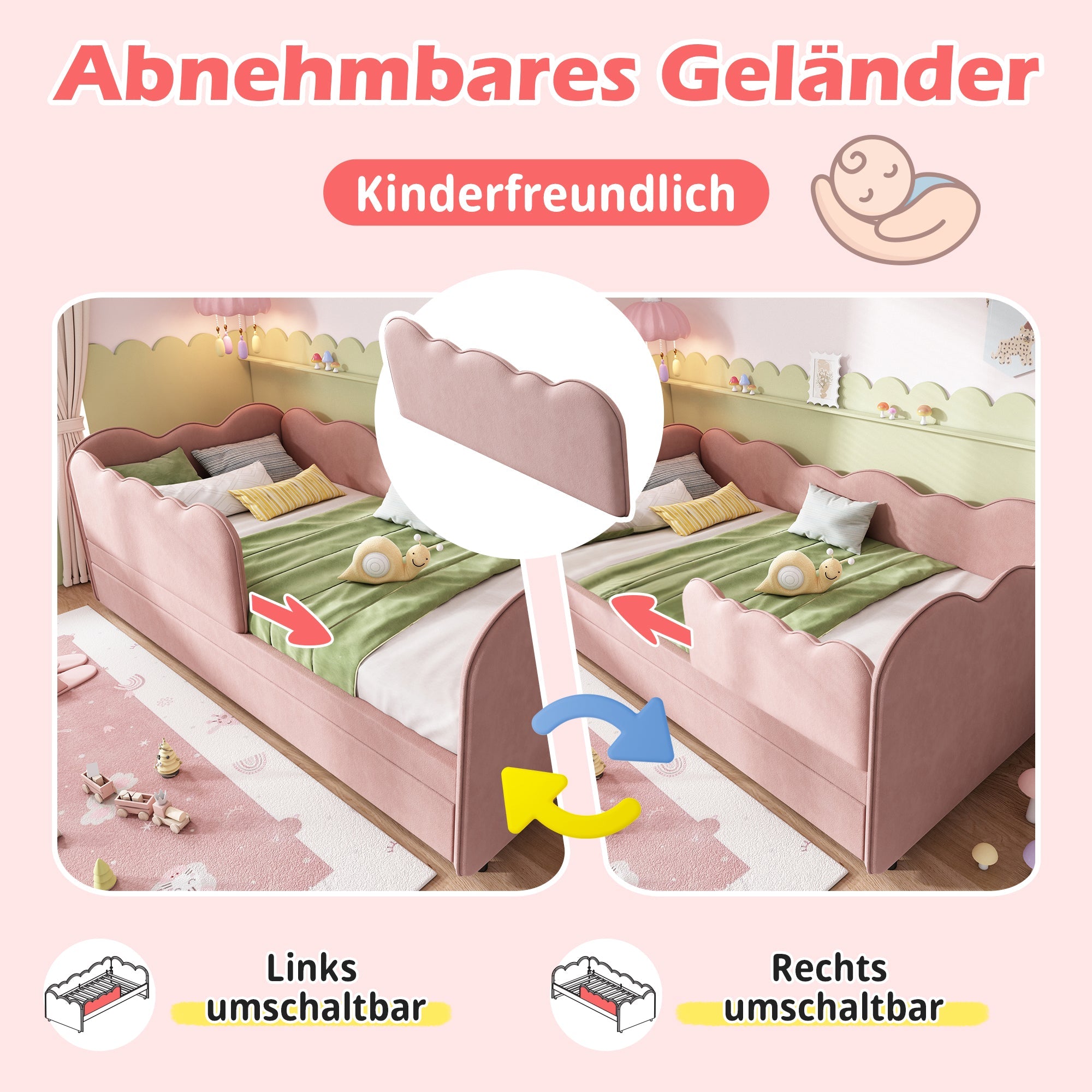 Logidon gestoffeerd dagbed 90x190 roze met uitschuifbaar bed