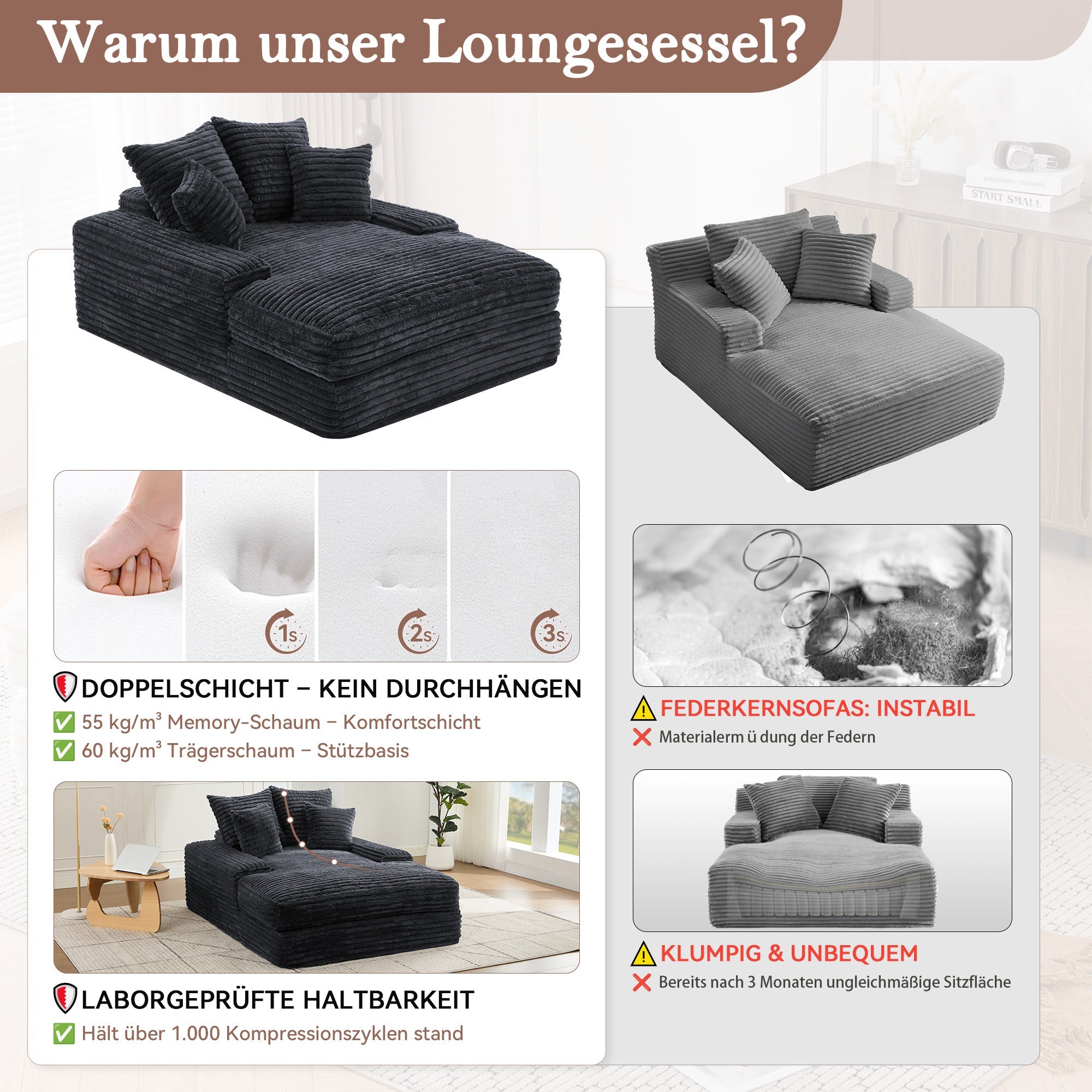 Logidon Luxe Cord Sofa Multifunctionele Slaapbank 4 Kussens Grijs