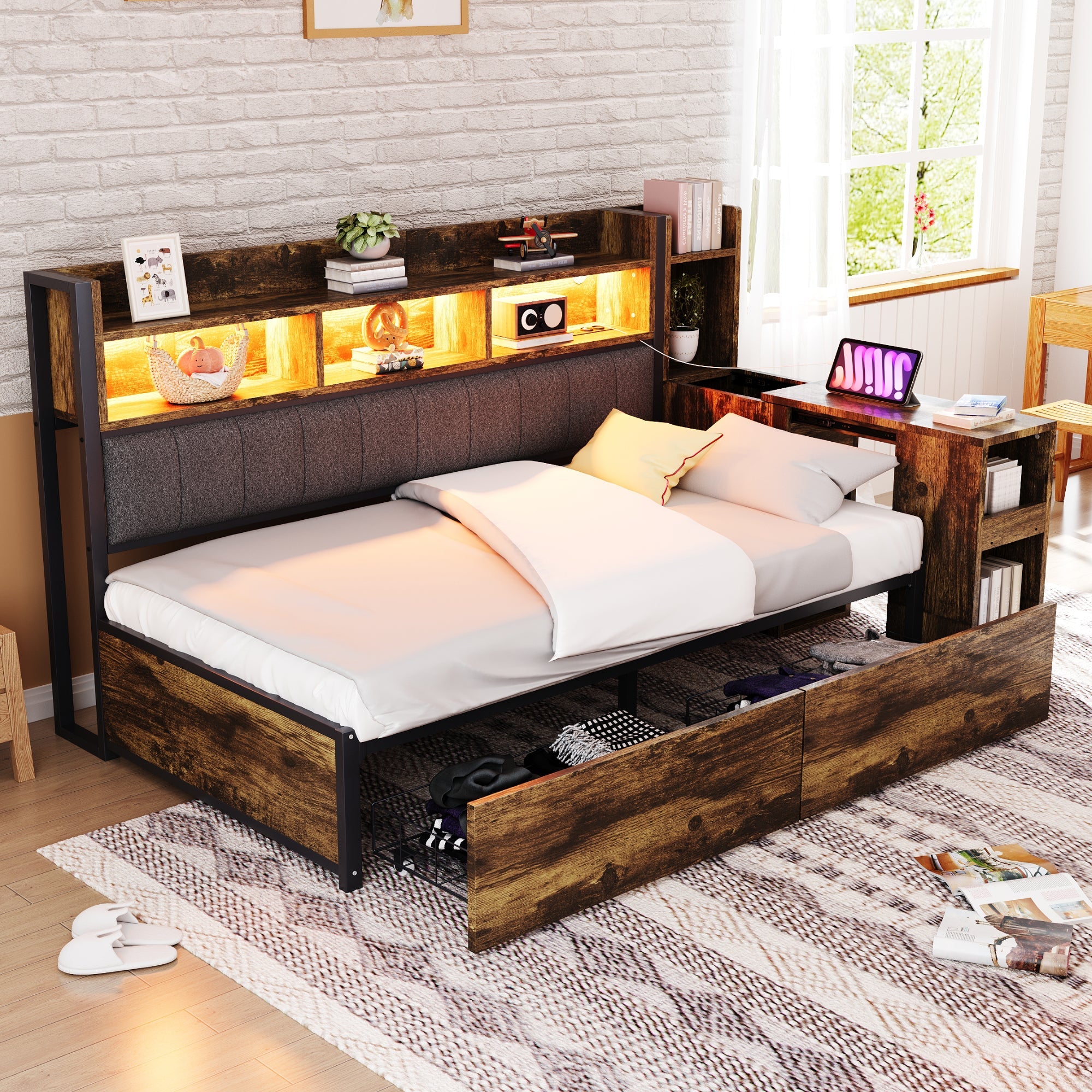 Logidon ijzeren slaapbank 90 x 200 cm houtlook opbergruimte LED