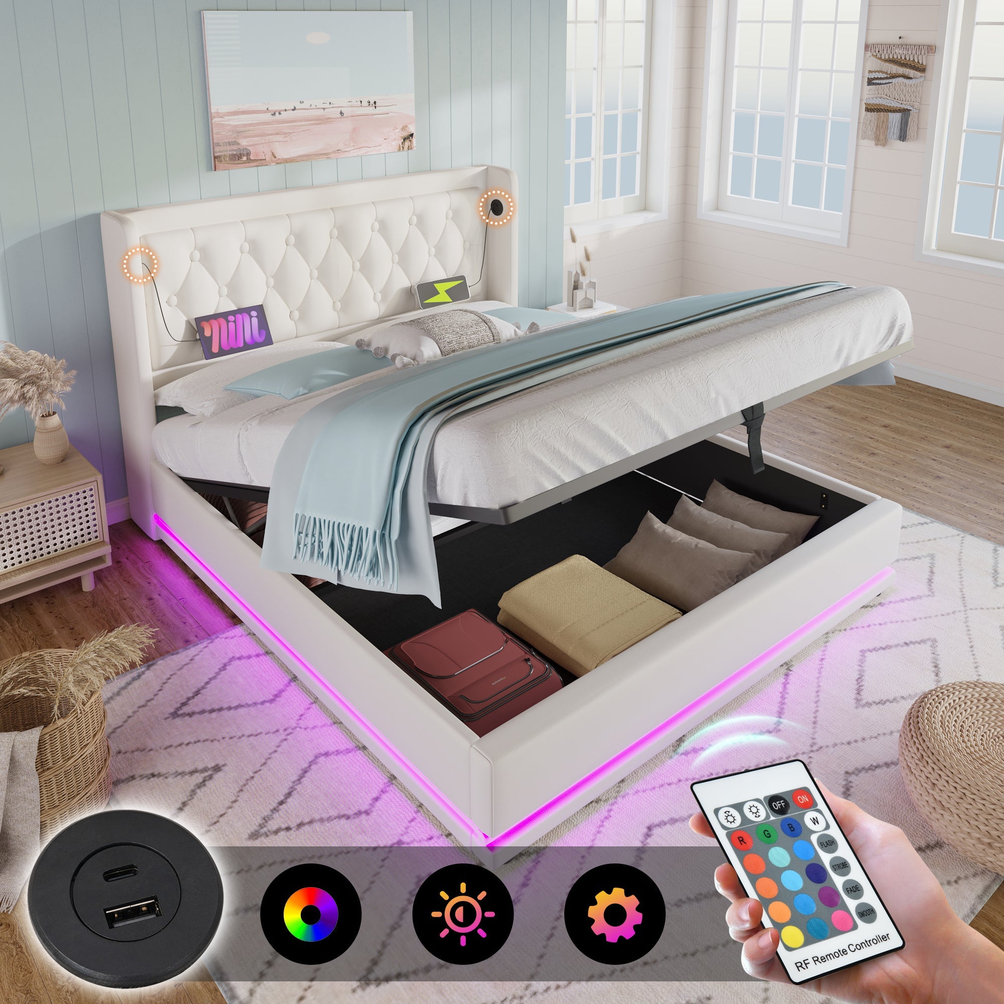 Logidon upholstered bed 160x200 cm white PU with USB C charging function storage space