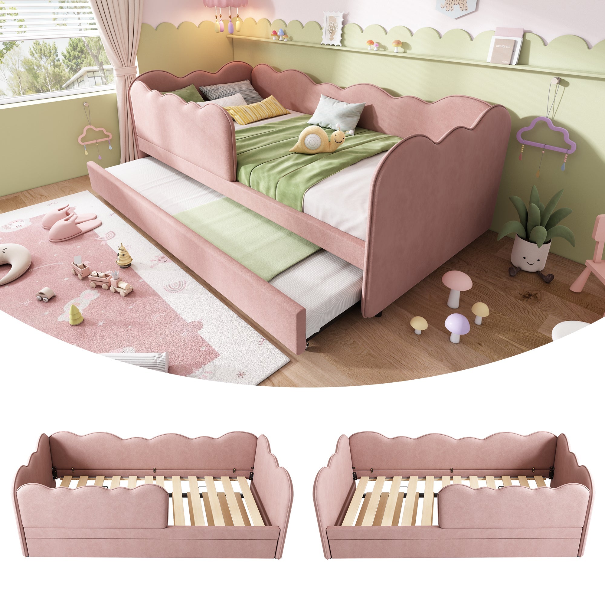 Logidon gestoffeerd dagbed 90x190 roze met uitschuifbaar bed